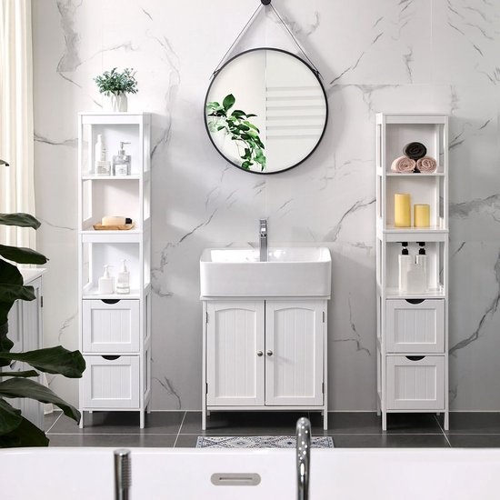 Bobbel Home - Hoge kast voor badkamer, opbergmeubel op poten, smalle zuil, met 2 laden en 3 open vakken, 30 x 30 x 141,5 cm, voor badkamer, woonkamer, keuken, wit