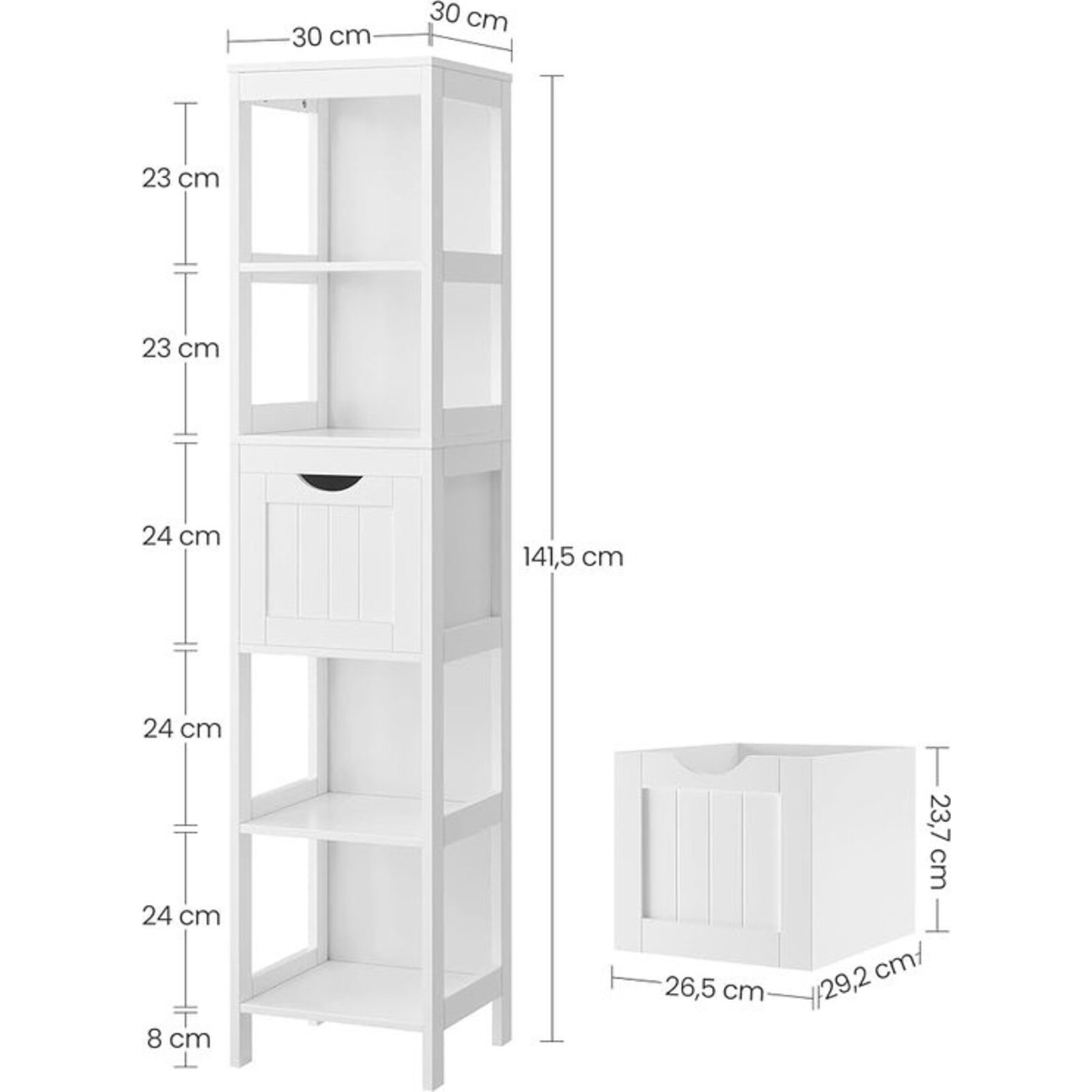 Bobbel Home Bobbel Home - High cabinet for bathroom, storage cabinet on legs, narrow column, with 2 drawers and 3 open compartments, 30 x 30 x 141.5 cm, for bathroom, living room, kitchen, white