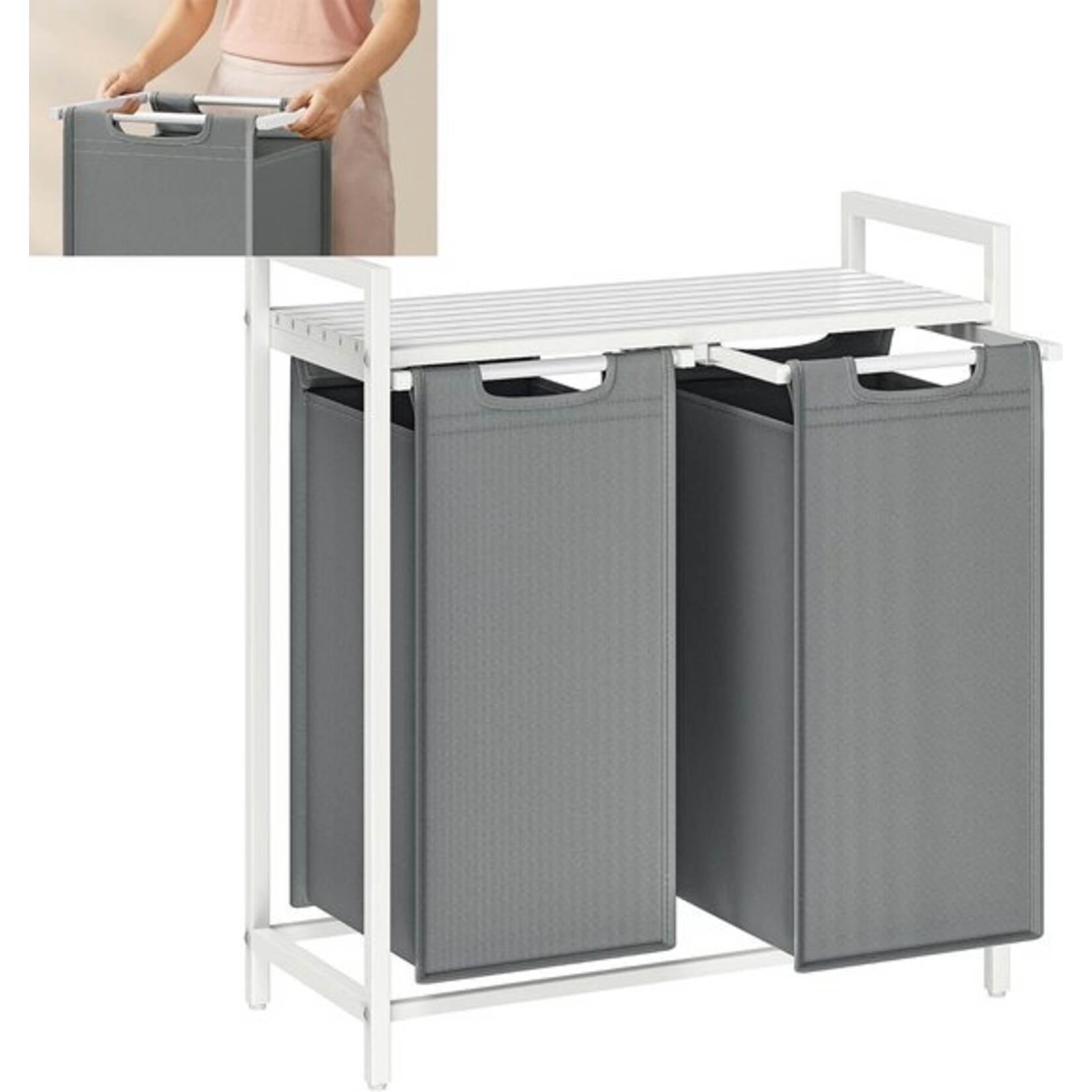 Bobbel Home Bobbel Home - Laundry basket, basket for dirty laundry, with 2 compartments and 2 removable pockets made of Oxford fabric, worktop, metal frame - 2 x 46 liters, 73 x 33 x 72 cm, white and light gray