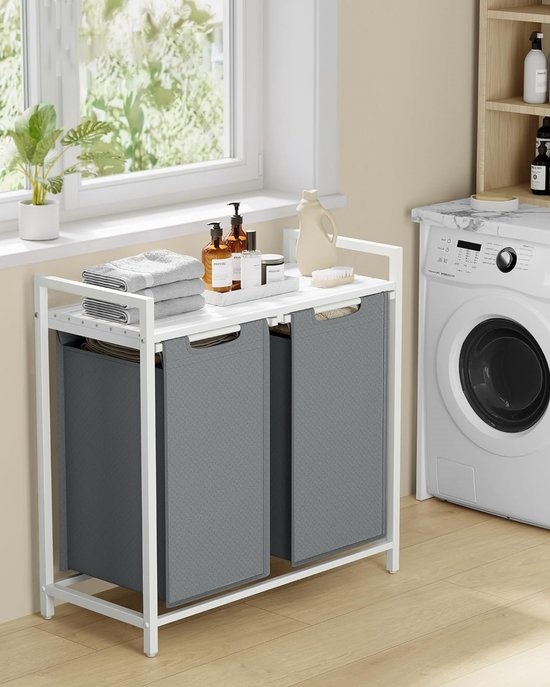 Bobbel Home - Wasmand, mand voor vuile was, met 2 vakken en 2 verwijderbare zakken van Oxford-stof, werkblad, metalen frame - 2 x 46 liter, 73 x 33 x 72 cm, wit en lichtgrijs