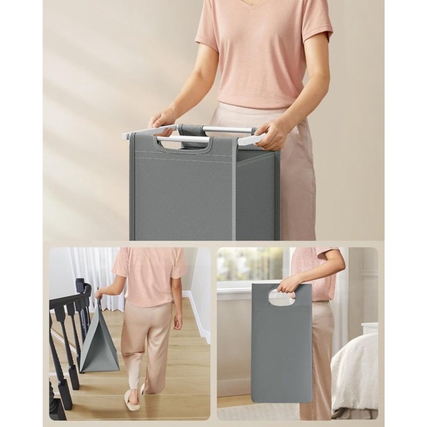 Bobbel Home Bobbel Home - Laundry basket, basket for dirty laundry, with 2 compartments and 2 removable pockets made of Oxford fabric, worktop, metal frame - 2 x 46 liters, 73 x 33 x 72 cm, white and light gray