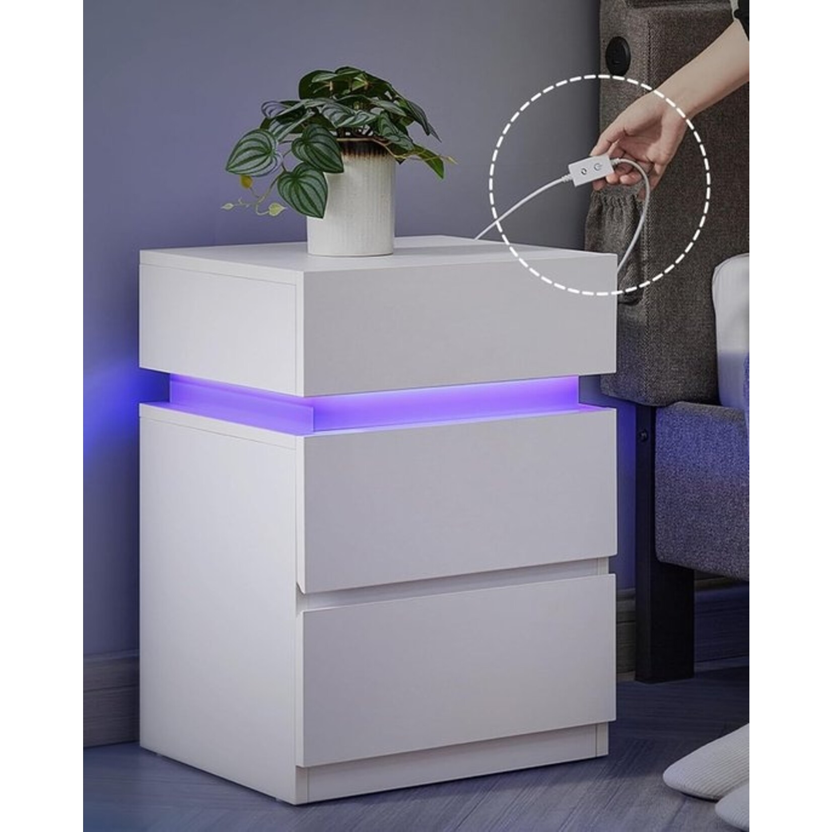 Bobbel Home Bobble Home - Bedside table with LED lighting, side table, adjustable colors, sofa table, 3 drawers, bedside table for bedroom, modern, 35 x 40 x 55 cm, white
