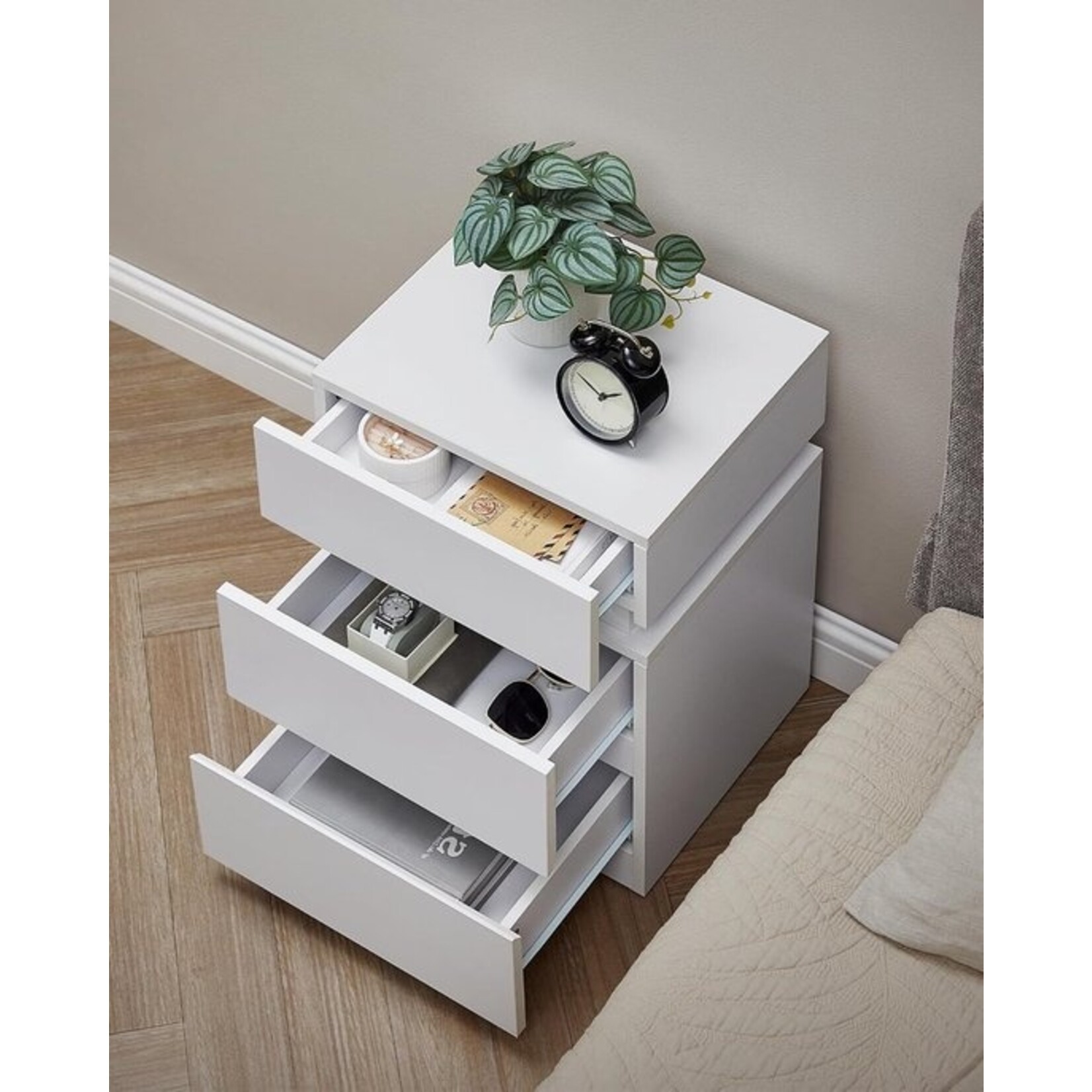 Bobbel Home Bobble Home - Bedside table with LED lighting, side table, adjustable colors, sofa table, 3 drawers, bedside table for bedroom, modern, 35 x 40 x 55 cm, white