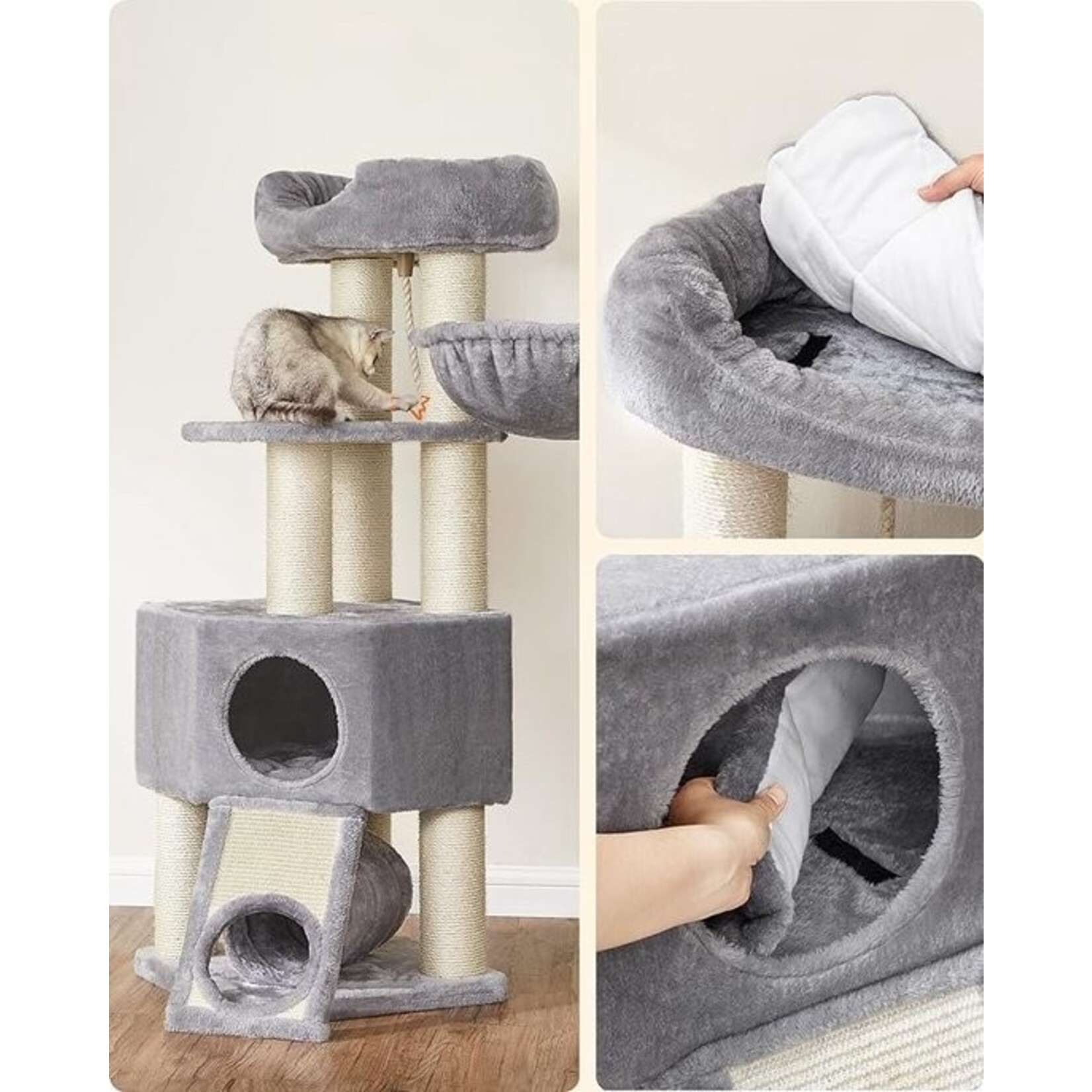 Bobbel Home Bobbel Home - Grote Kattenboom, M Kattenboom, met Grot, Hangmat, Pluche Platform, Tunnel, Sisal Stammen, Krasplank, 50 x 50 x 141 cm, lichtgrijs-natuur