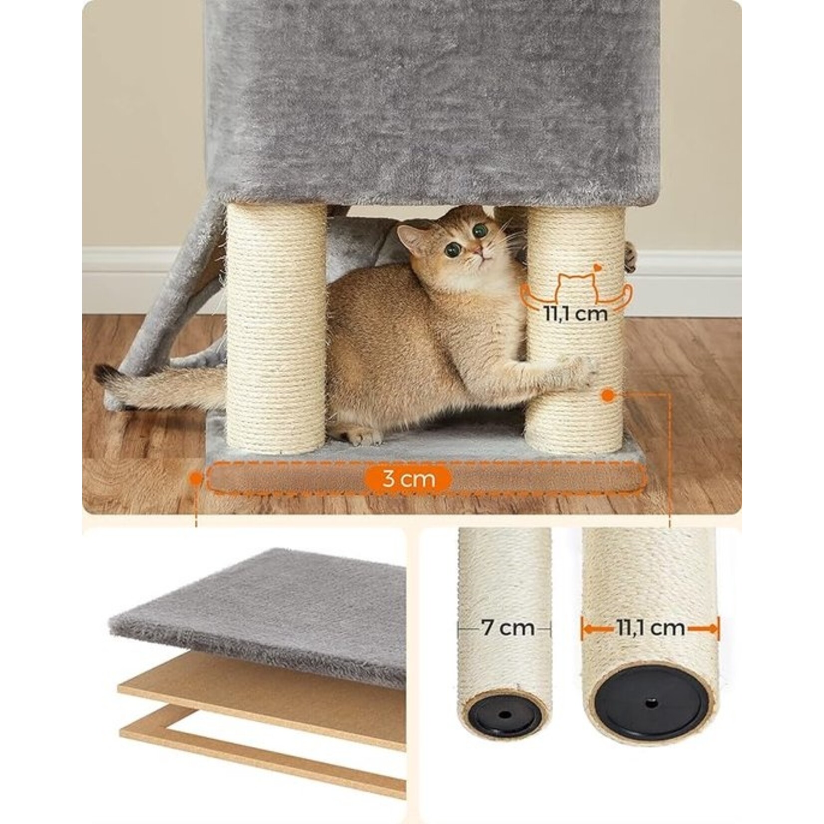 Bobbel Home Bobbel Home - Grote Kattenboom, M Kattenboom, met Grot, Hangmat, Pluche Platform, Tunnel, Sisal Stammen, Krasplank, 50 x 50 x 141 cm, lichtgrijs-natuur