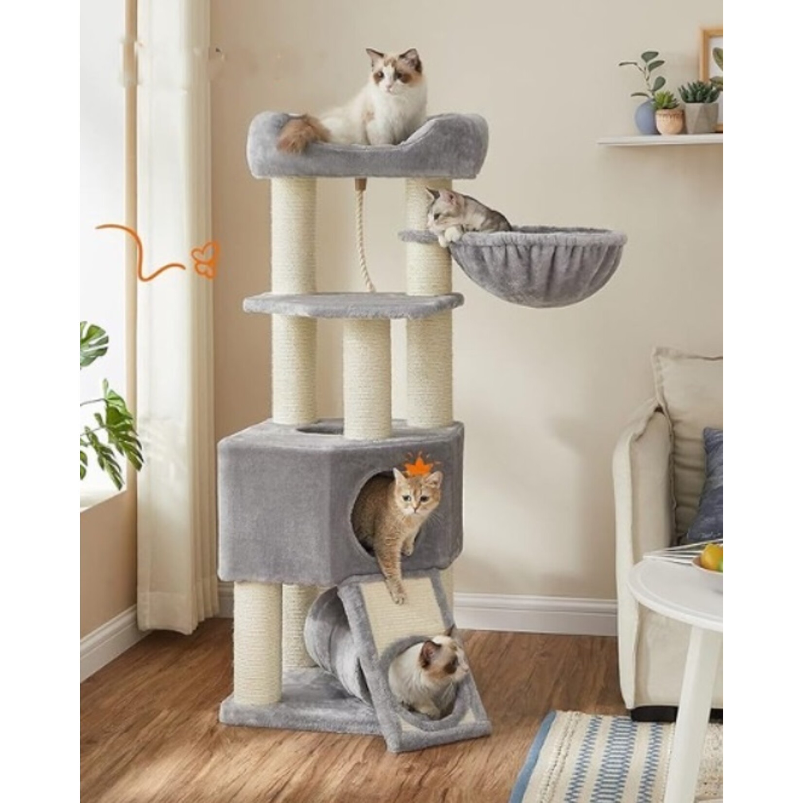 Bobbel Home Bobble Home - Large Cat Tree, M Cat Tree, with Cave, Hammock, Plush Platform, Tunnel, Sisal Logs, Scratchboard, 50 x 50 x 141 cm, light gray-nature