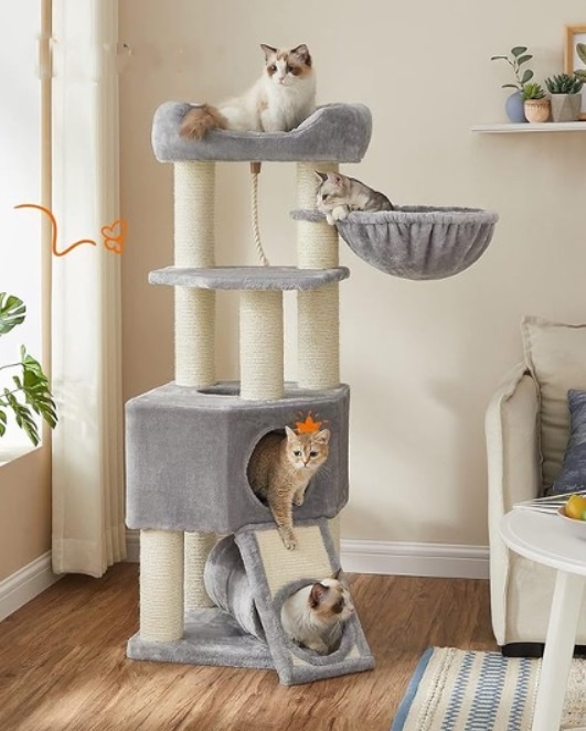 Bobbel Home - Grote Kattenboom, M Kattenboom, met Grot, Hangmat, Pluche Platform, Tunnel, Sisal Stammen, Krasplank, 50 x 50 x 141 cm, lichtgrijs-natuur