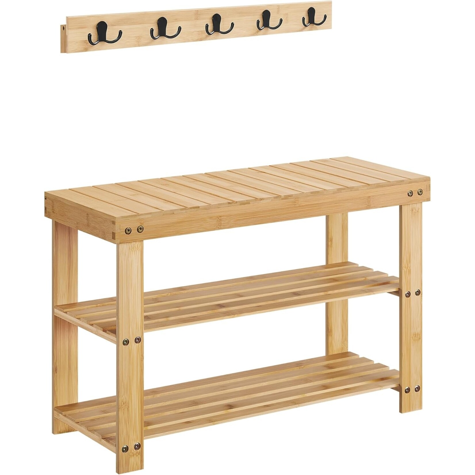 Parya Home Parya Home Kapstok en schoenenbank, entreemeubel, multifunctioneel, 5 metalen dubbele haken, 3-laags bamboe schoenenrek, voor gang, slaapkamer, natuurlijk beige