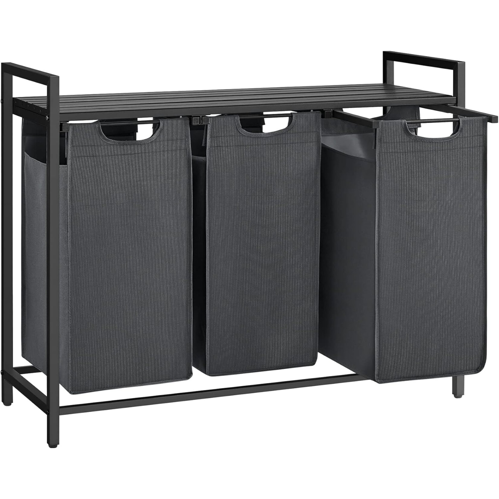 Wasmand Met 3 Vakken, Uittrekbaar Wassorteerder, Afneembaar Waszak, 3 X 38L, 92,5 X 33 X 72 Cm, Zwart-Grijs