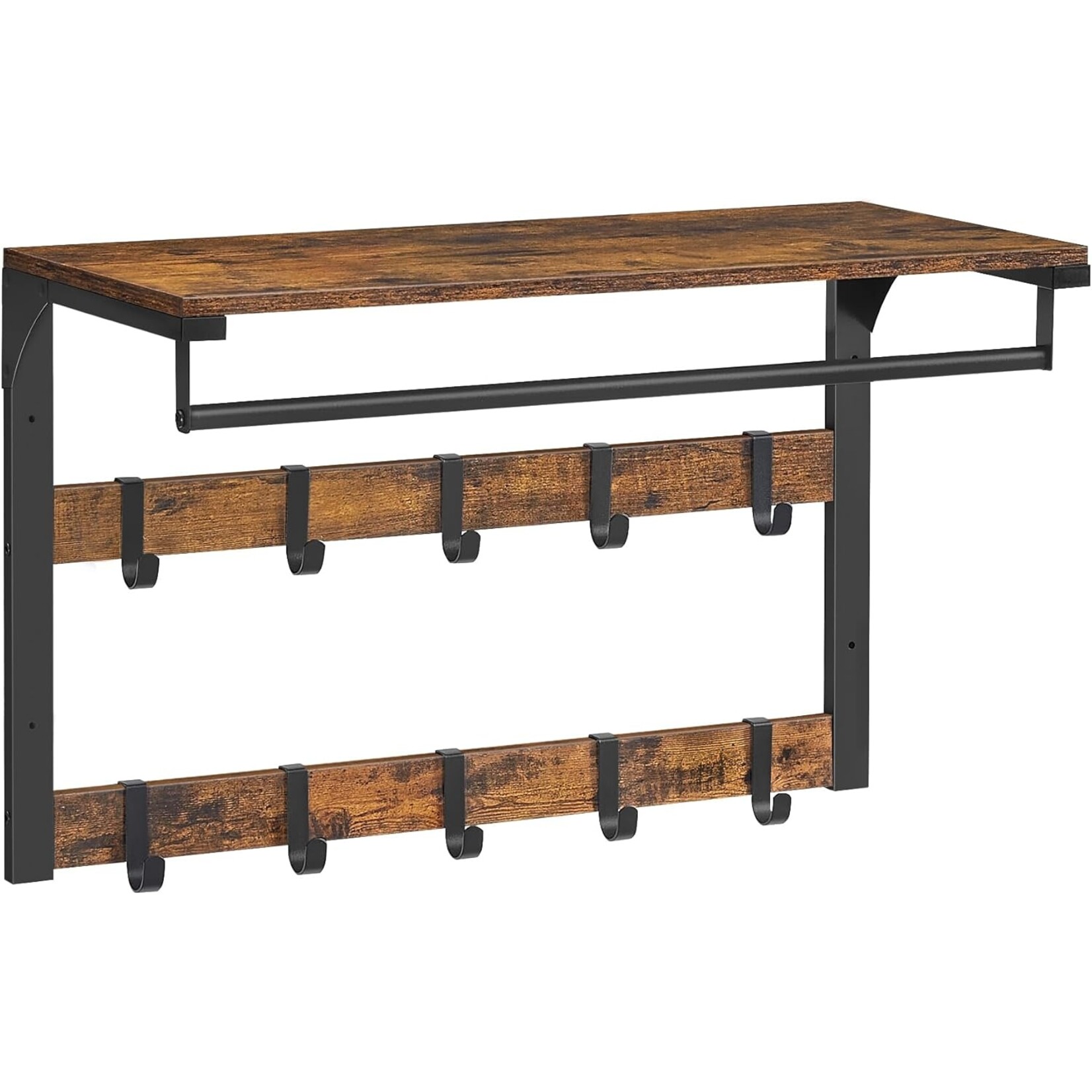 Parya Home wandkapstok, met plank, wandplank met 10 afneembare haken, hangplank, wandmontage, 2 kapstokken, kledingroede, voor hal, slaapkamer, badkamer, vintage bruinzwart