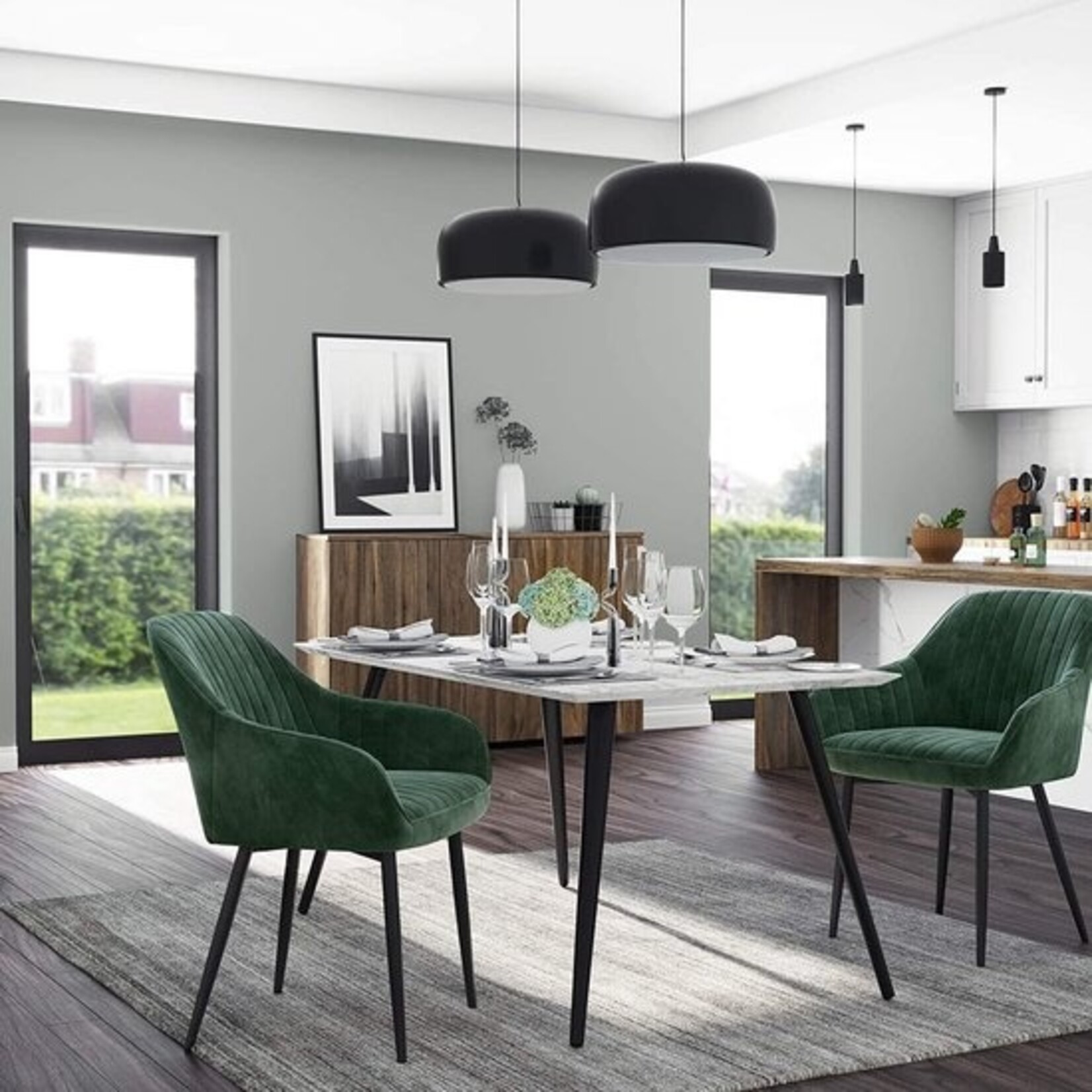 Parya Home dining chair, armchair, upholstered chair with armrests, metal legs, velvet upholstery, seat width 49 cm, max. 110 kg, for study, living room, bedroom, green