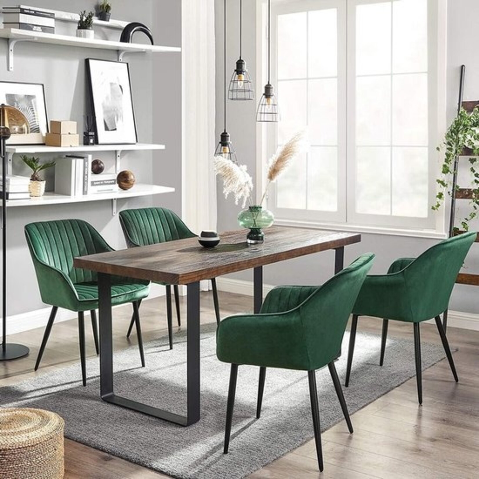 Parya Home eetkamerstoel, fauteuil, gestoffeerde stoel met armleuningen, metalen poten, fluwelen bekleding, zitbreedte 49 cm, max. 110 kg, voor studeerkamer, woonkamer, slaapkamer, groen