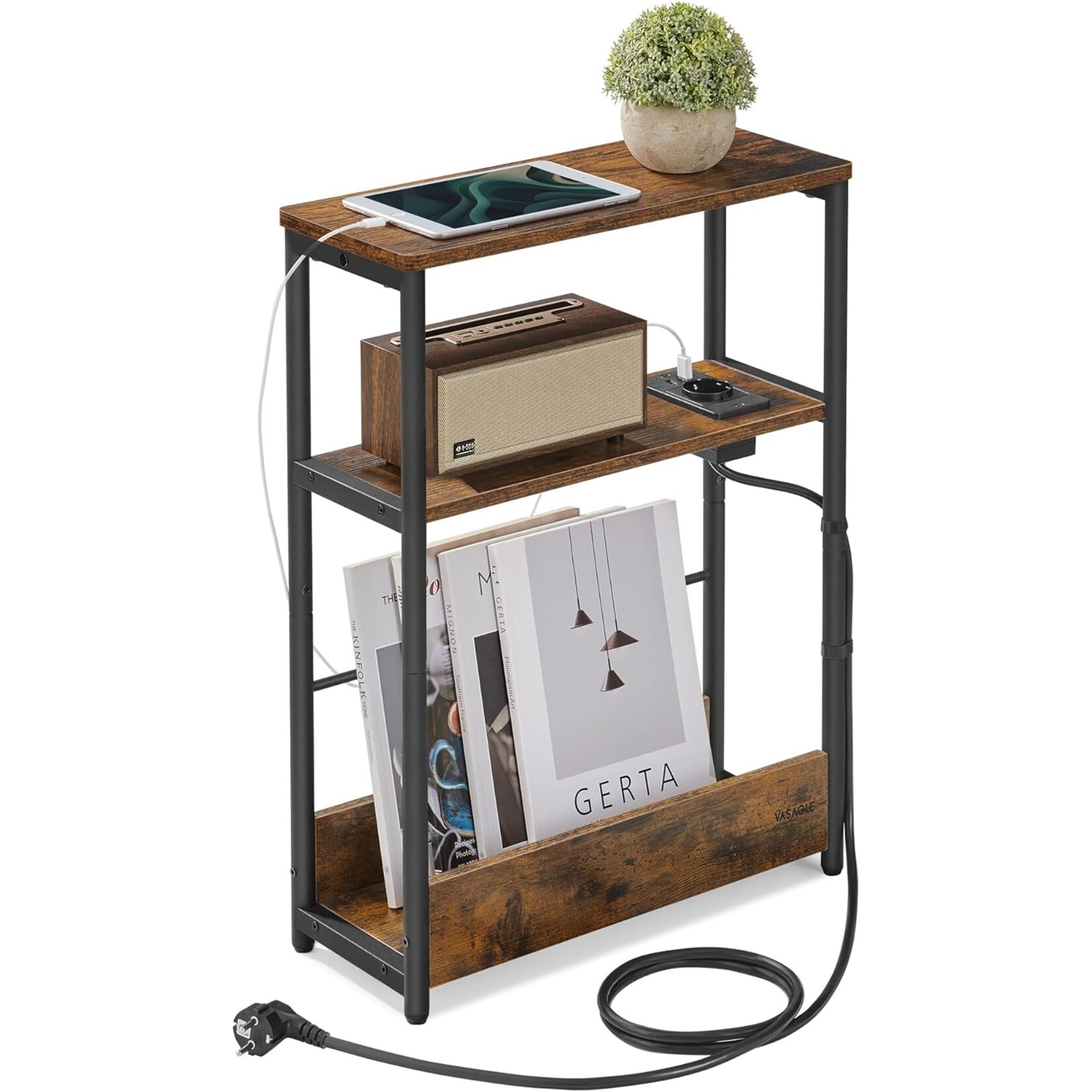 Parya Home Bobbel home Kleine Bijzettafel met Oplaadfunctie, Kleine Salontafel, 3 Planken, Tijdschriftenhouder, voor Woonkamer, Slaapkamer, Studeerkamer, Vintage Bruin Inkt Zwart