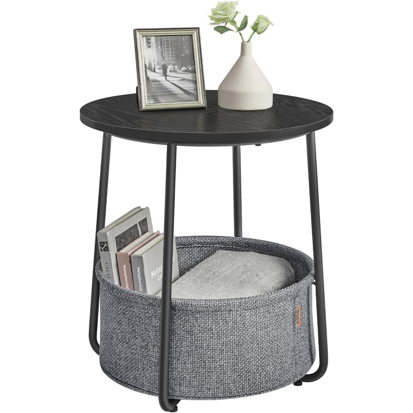 Small round coffee table, side table with fabric basket, storage space, for living room, bedroom, nightstand, modern style, forest black and slate gray