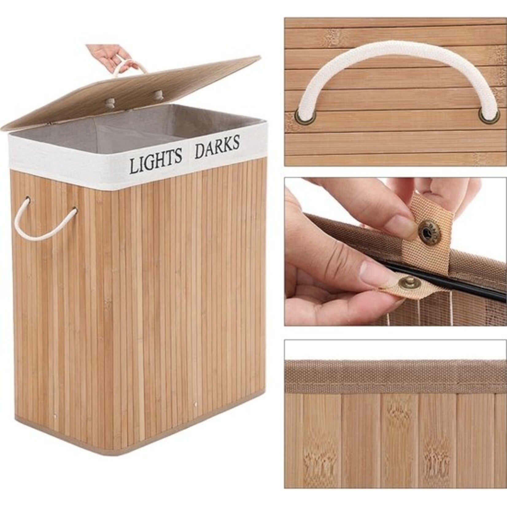 Bobbel Home Bobbel Home - Wasmand - Bamboe -100 L wassorteerbak met 2 compartimenten, opvouwbare wasverzamelaar met uitneembare waszak- naturel