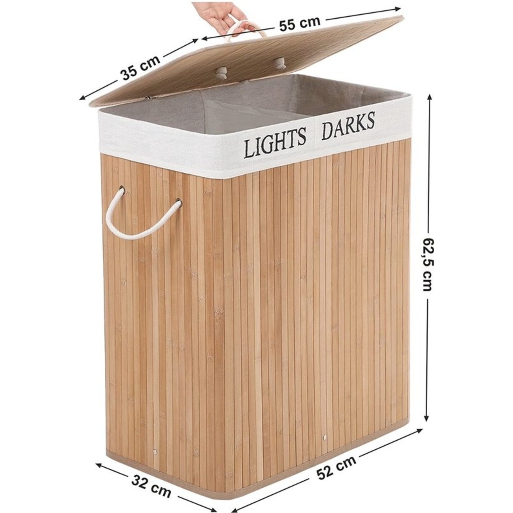 Bobbel Home Bobbel Home - Laundry Basket - Bamboo -100 L laundry sorting bin with 2 compartments, folding laundry collector with removable laundry bag- natural