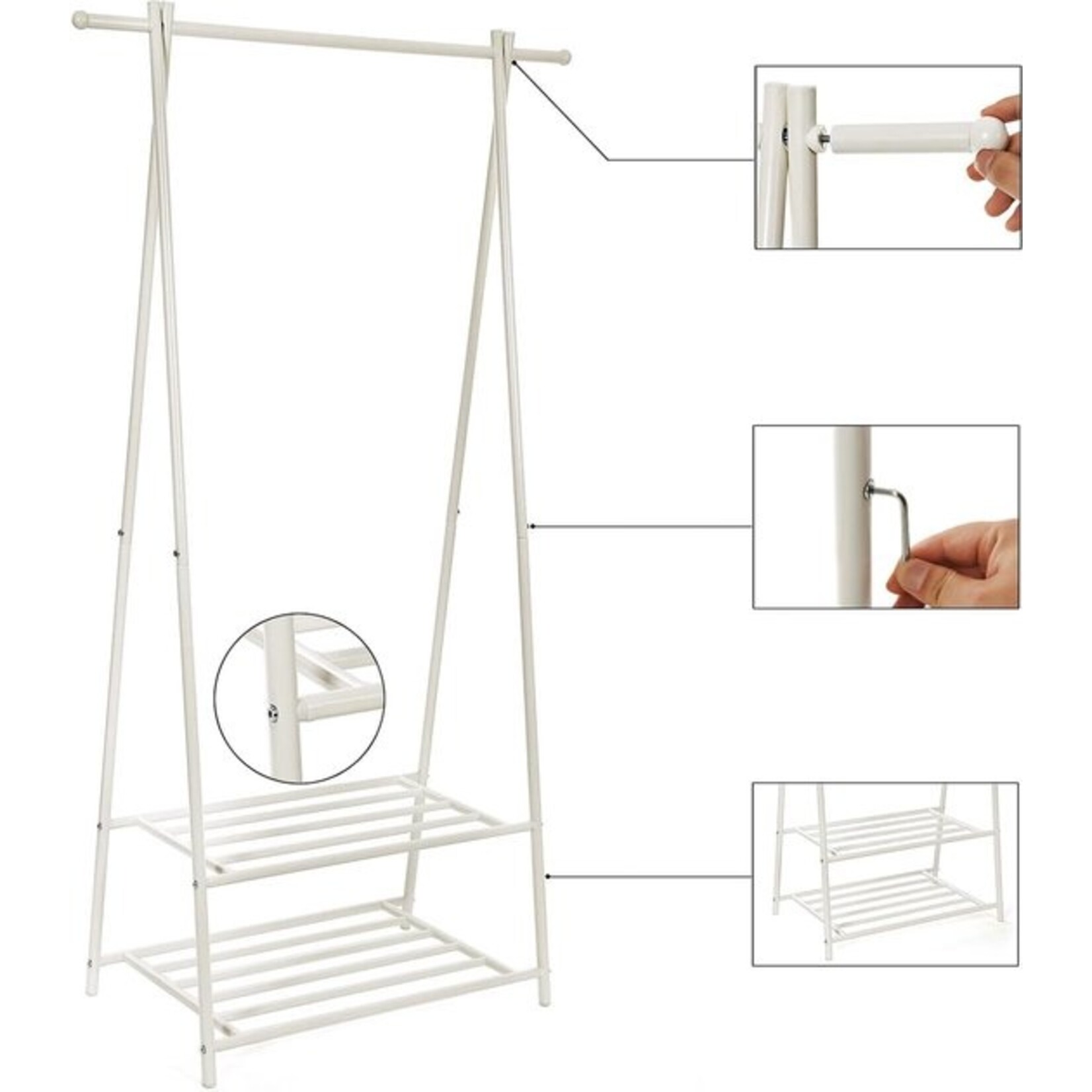 Bobbel Home Bobbel Home - Kledingrek Kapstok met 2 Schoenplanken Metalen Frame Ruimtebesparend Wit