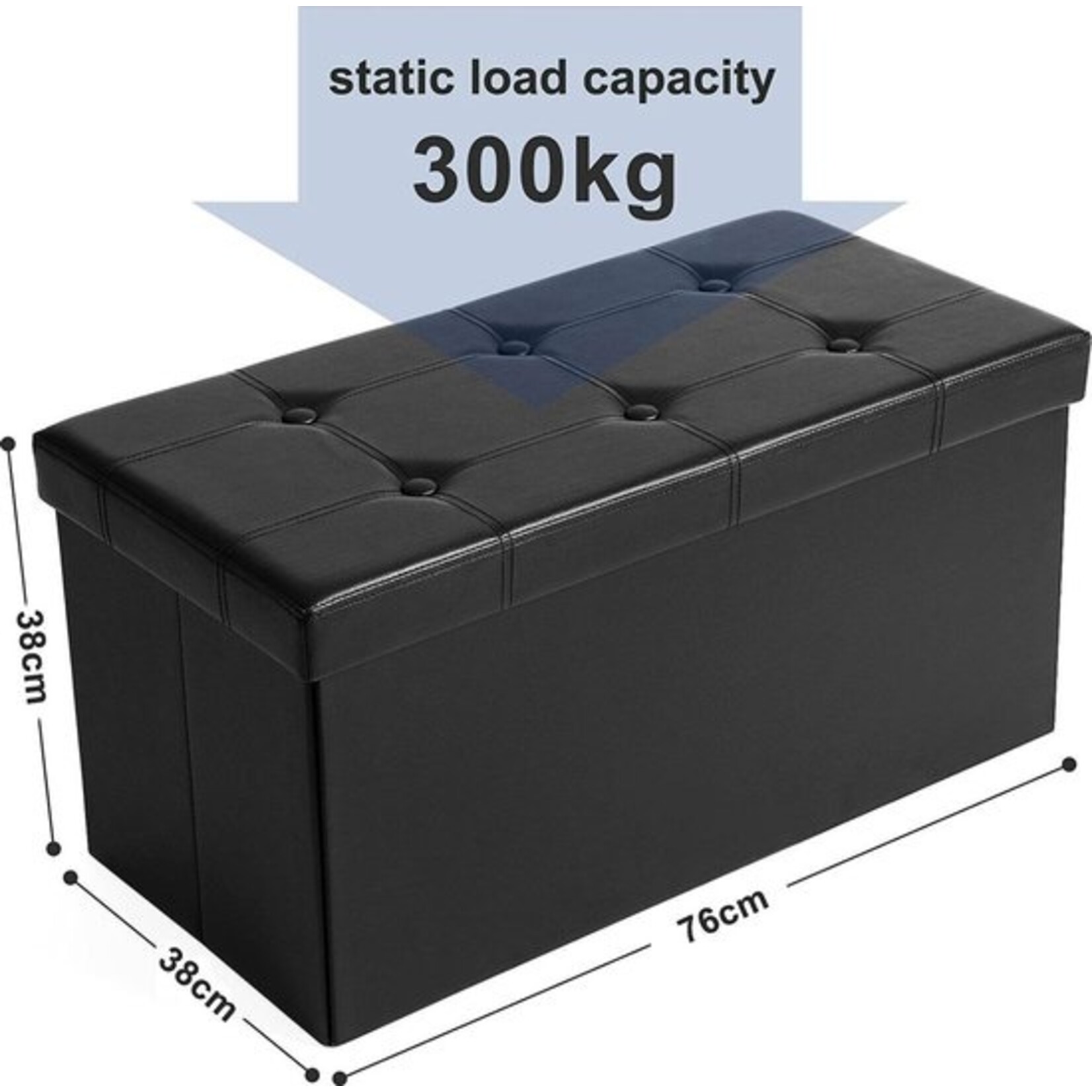 Bobbel Home Bobble Home - Seat pouf, bench with storage, foldable, 2-seater, load up to 300 kg, faux leather, black, 76 x 38 x 38 cm