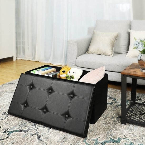 Bobbel Home - Zitpoef, zitbank met opbergruimte, opvouwbaar, 2-zits, belastbaar tot 300 kg, kunstleer, zwart, 76 x 38 x 38 cm