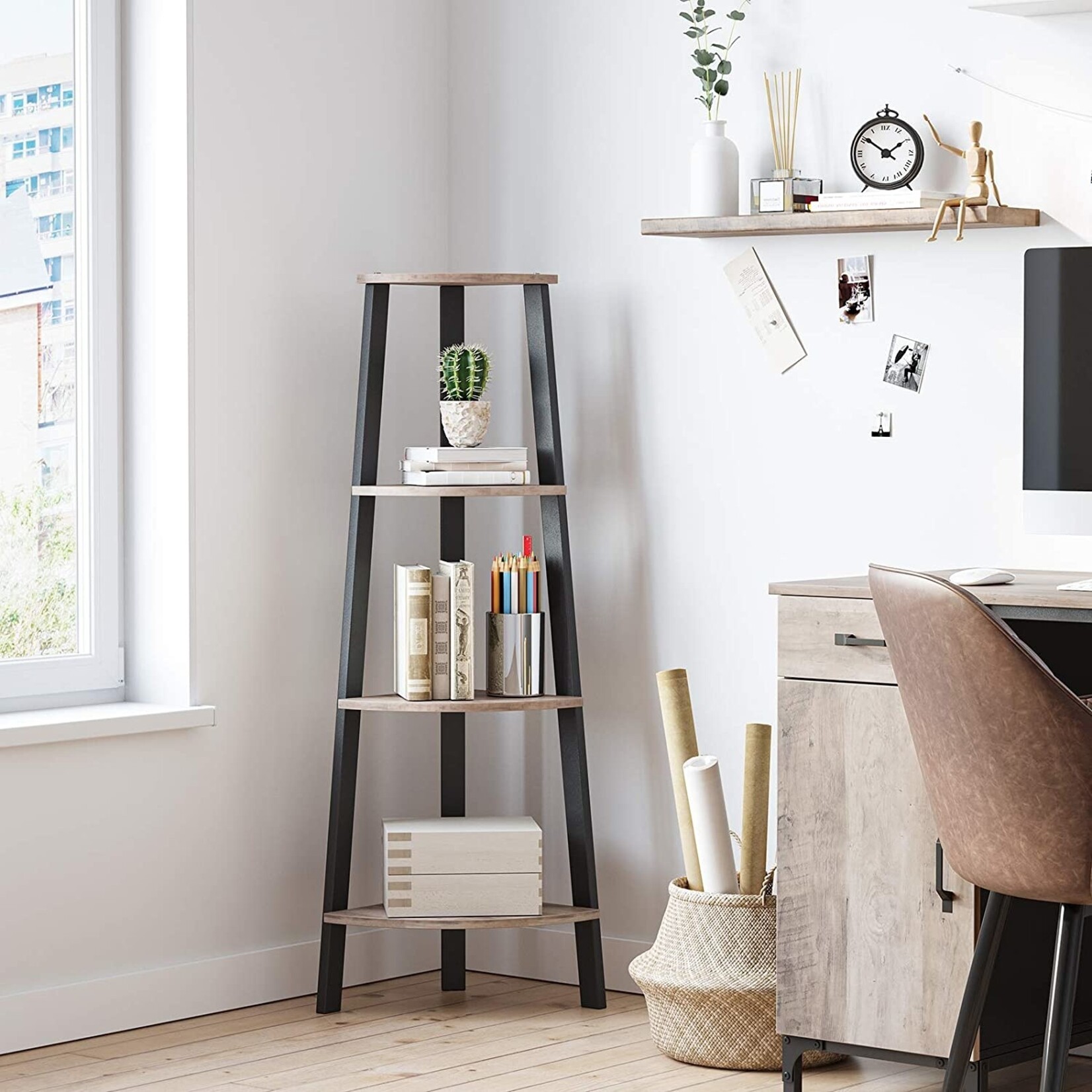 Parya Home corner shelf - 4 shelves - industrial - grey-black