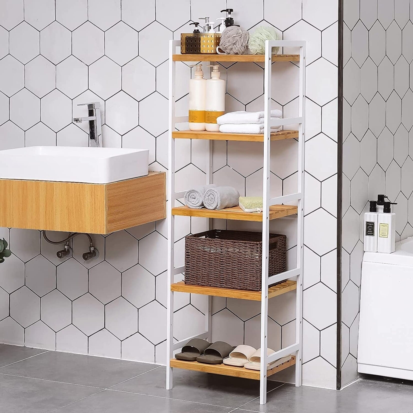 Parya Home - Bamboo bathroom rack - 5 shelves - Natural - White