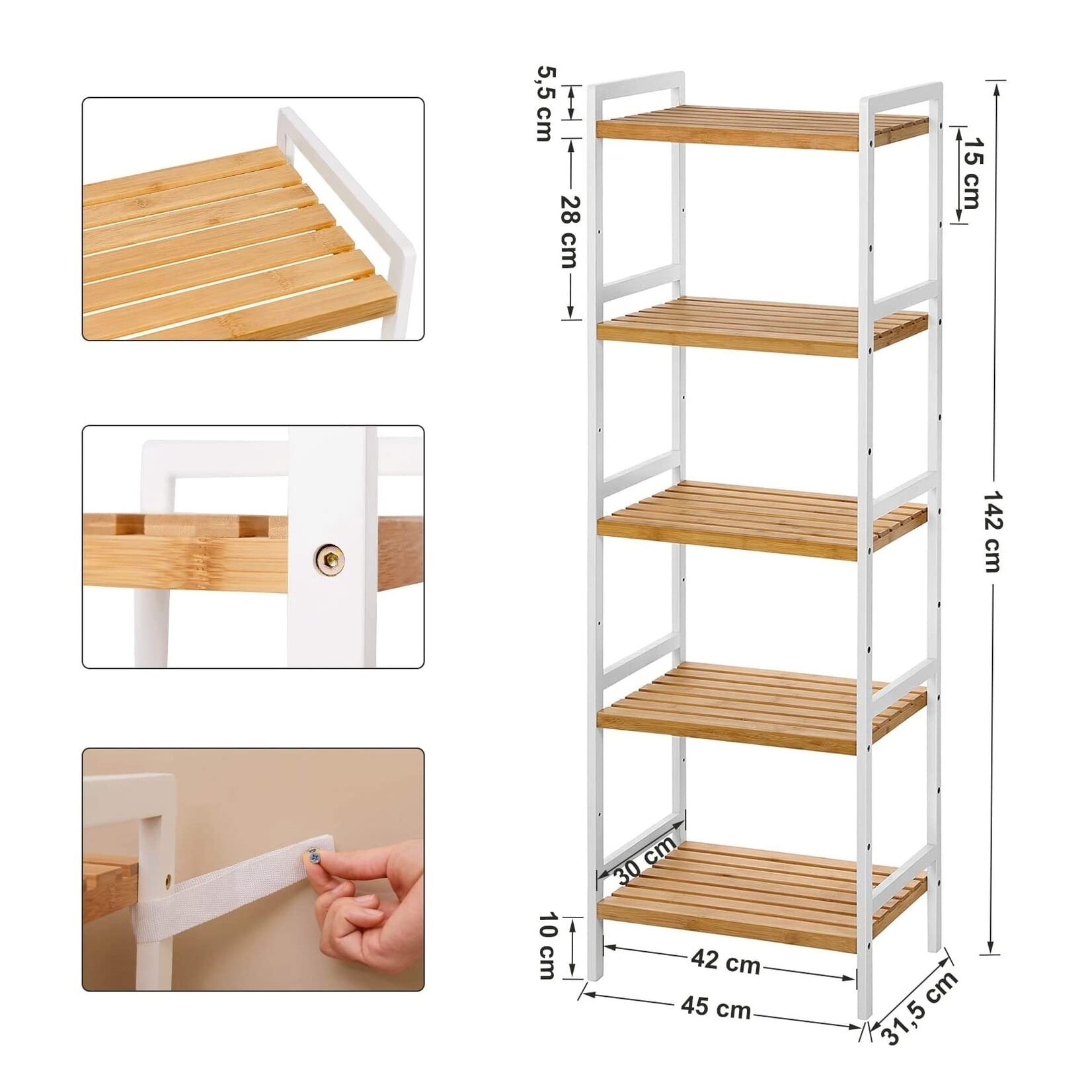 Parya Home - Bamboo bathroom rack - 5 shelves - Natural - White