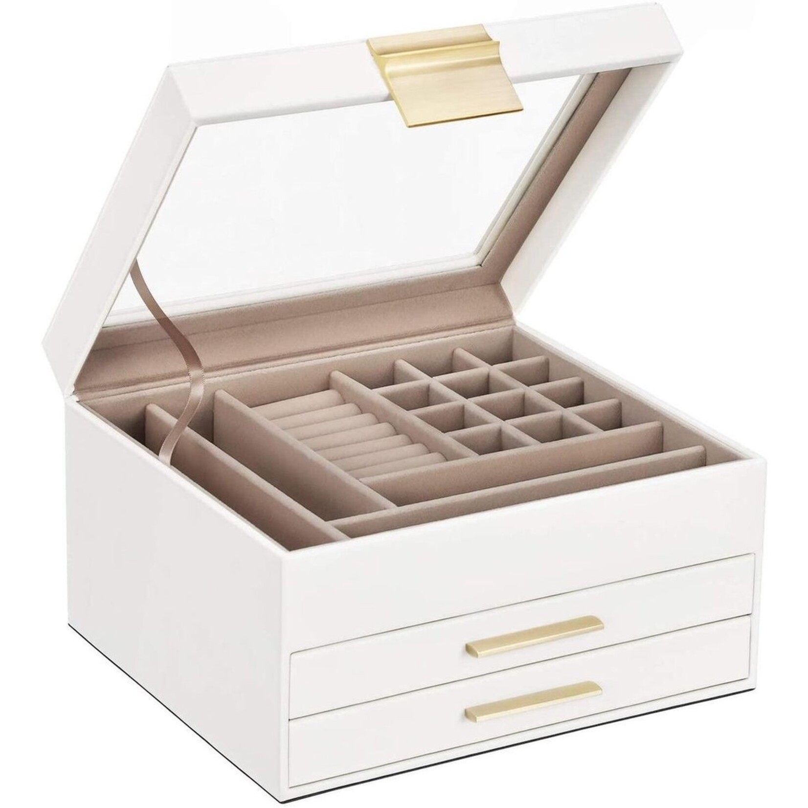 Parya Home - Jewelry box with glass lid - jewelry box with 3 levels - jewelry box with 2 drawers - Jewelry storage