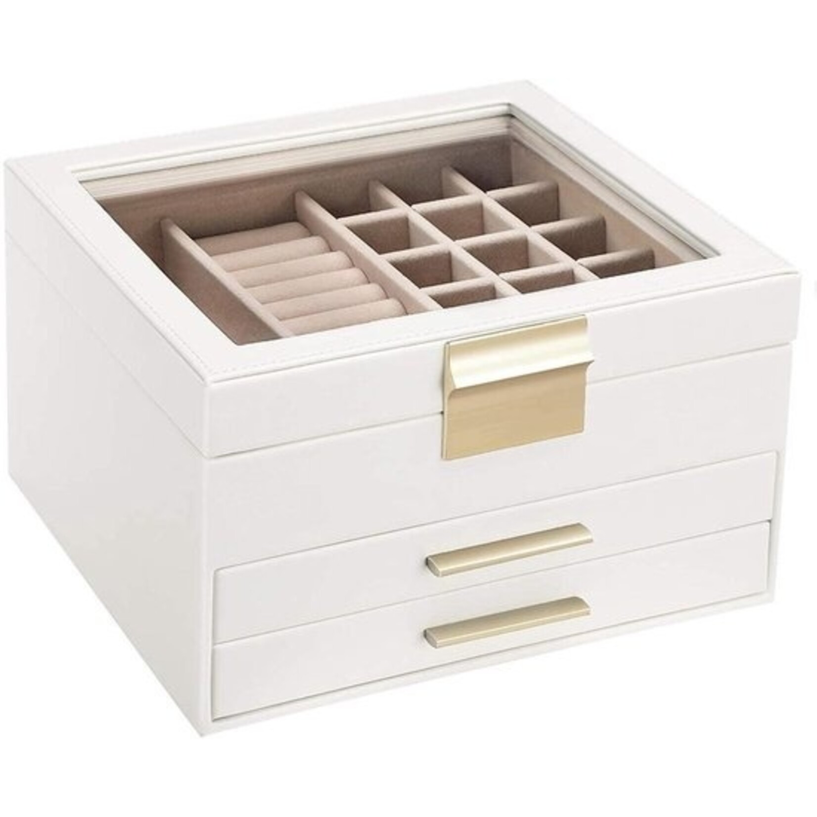 Parya Home - Jewelry box with glass lid - jewelry box with 3 levels - jewelry box with 2 drawers - Jewelry storage