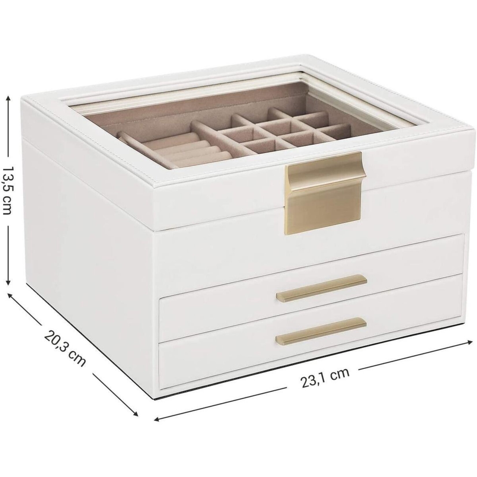 Parya Home - Jewelry box with glass lid - jewelry box with 3 levels - jewelry box with 2 drawers - Jewelry storage