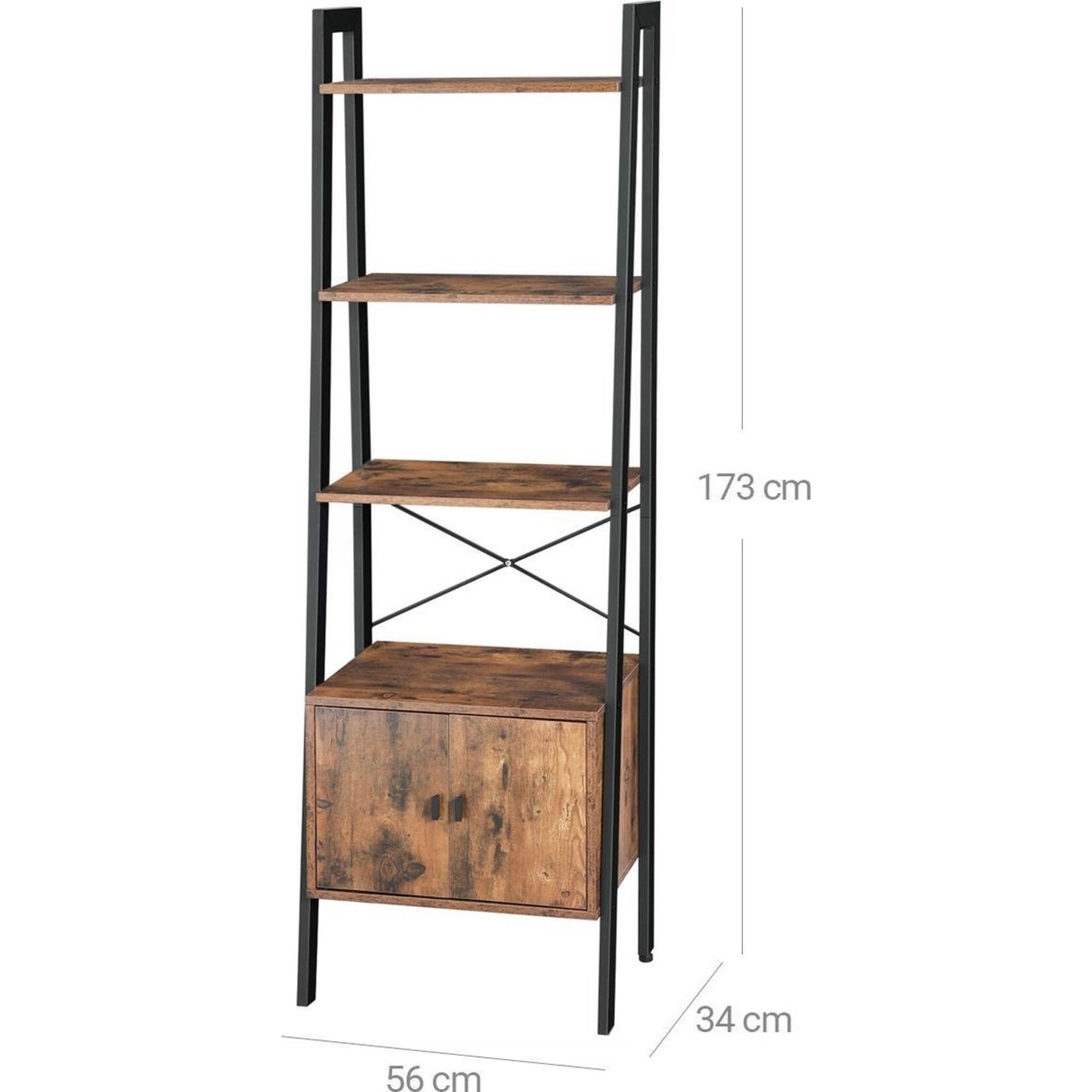 Parya Home Parya Home standing shelf, ladder shelf, book shelf with cabinet, living room shelf, 4 shelves, solid iron frame, bedroom, office, 56 x 34 x 173 cm, industrial design, vintage, dark brown