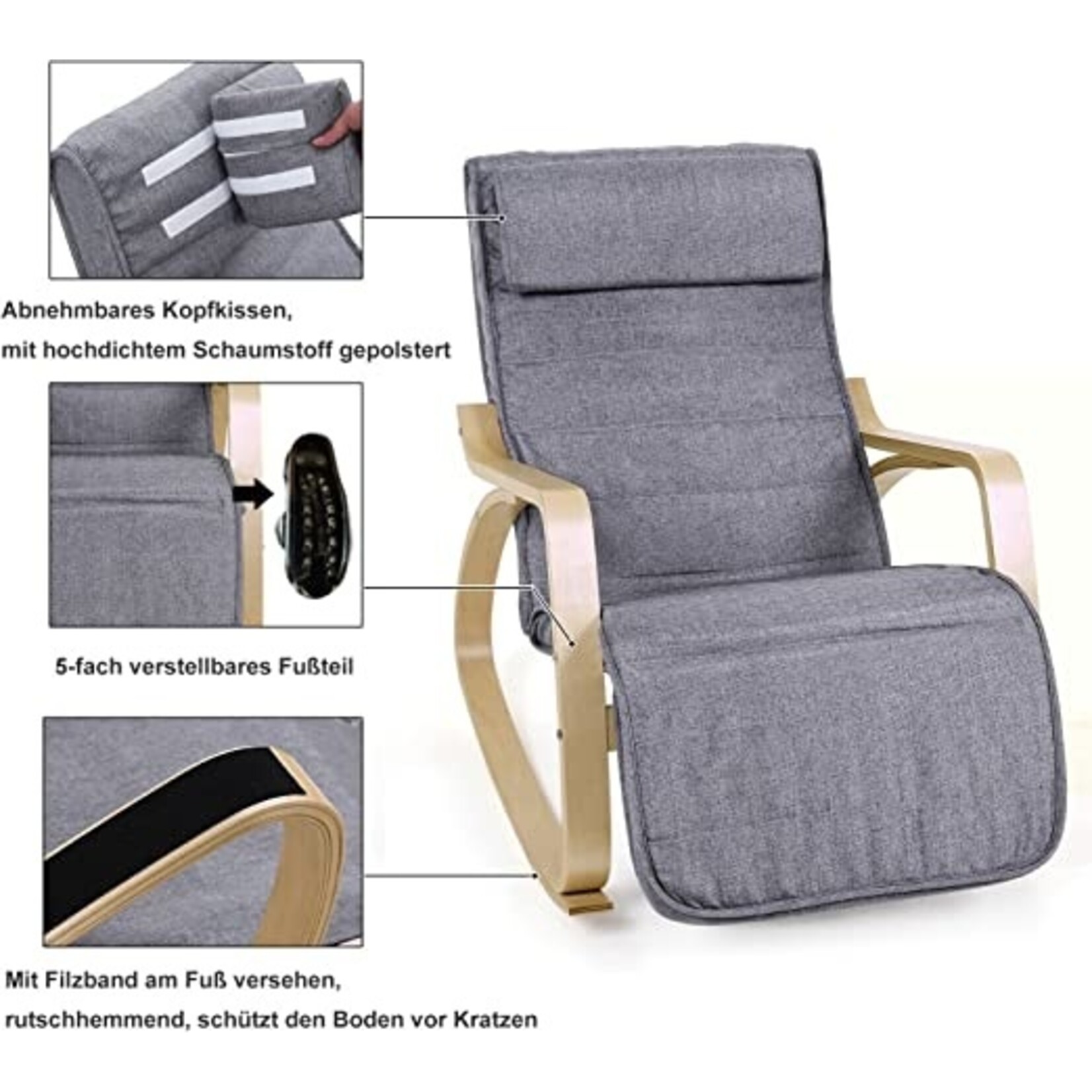 Parya Home Rocking chair - Relax chair - Adjustable 5 positions - Linen - Grey