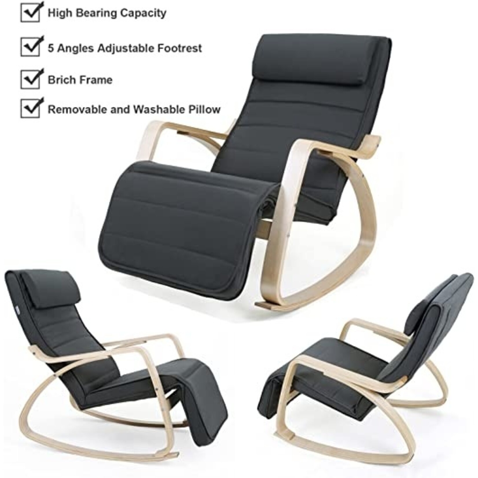 Parya Home Rocking chair - Relax chair - Adjustable 5 positions - Linen - Grey