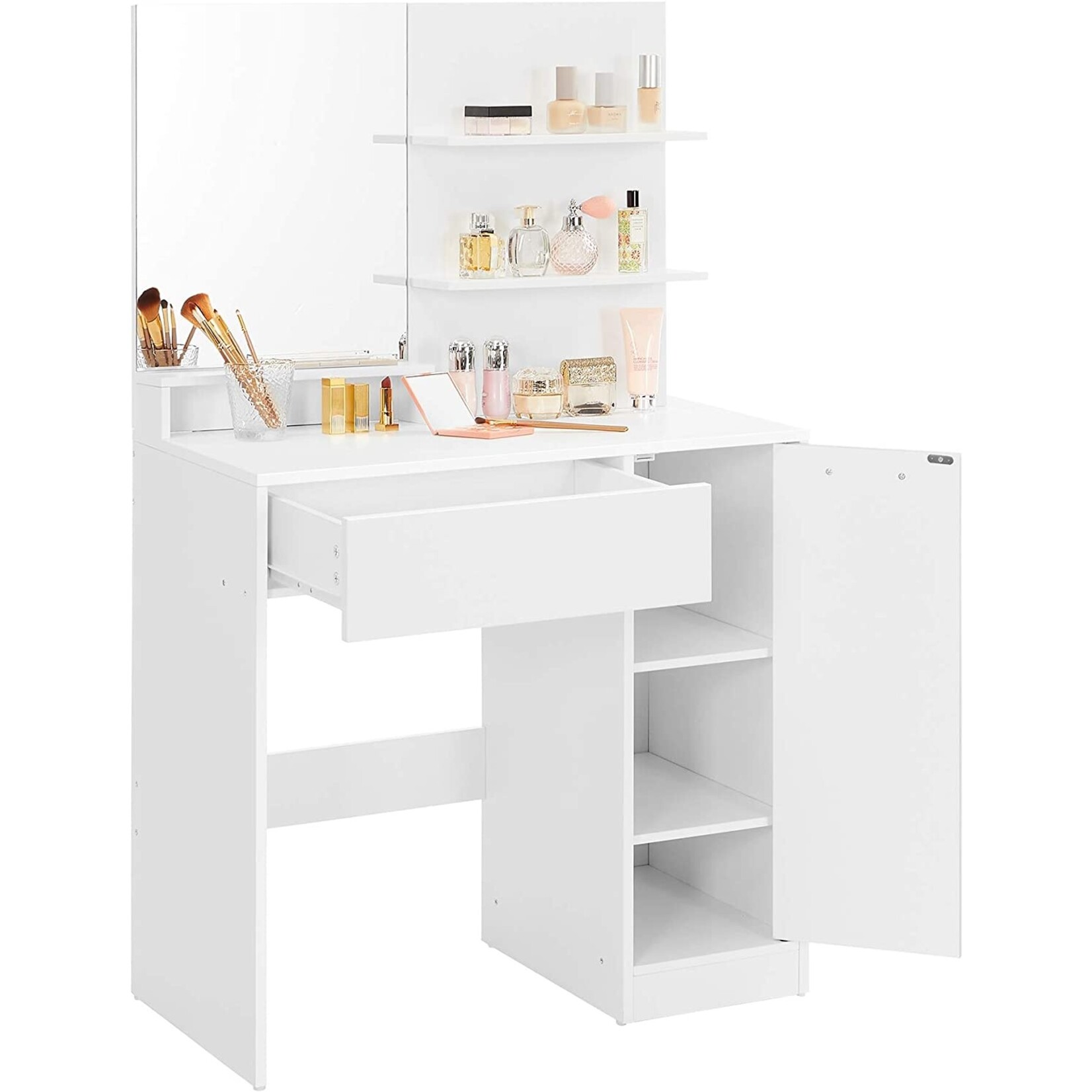 Parya Home Parya Home  dressing table with mirror, make up table with storage compartment, 1 drawer, 2 shelves, white RDT119W01