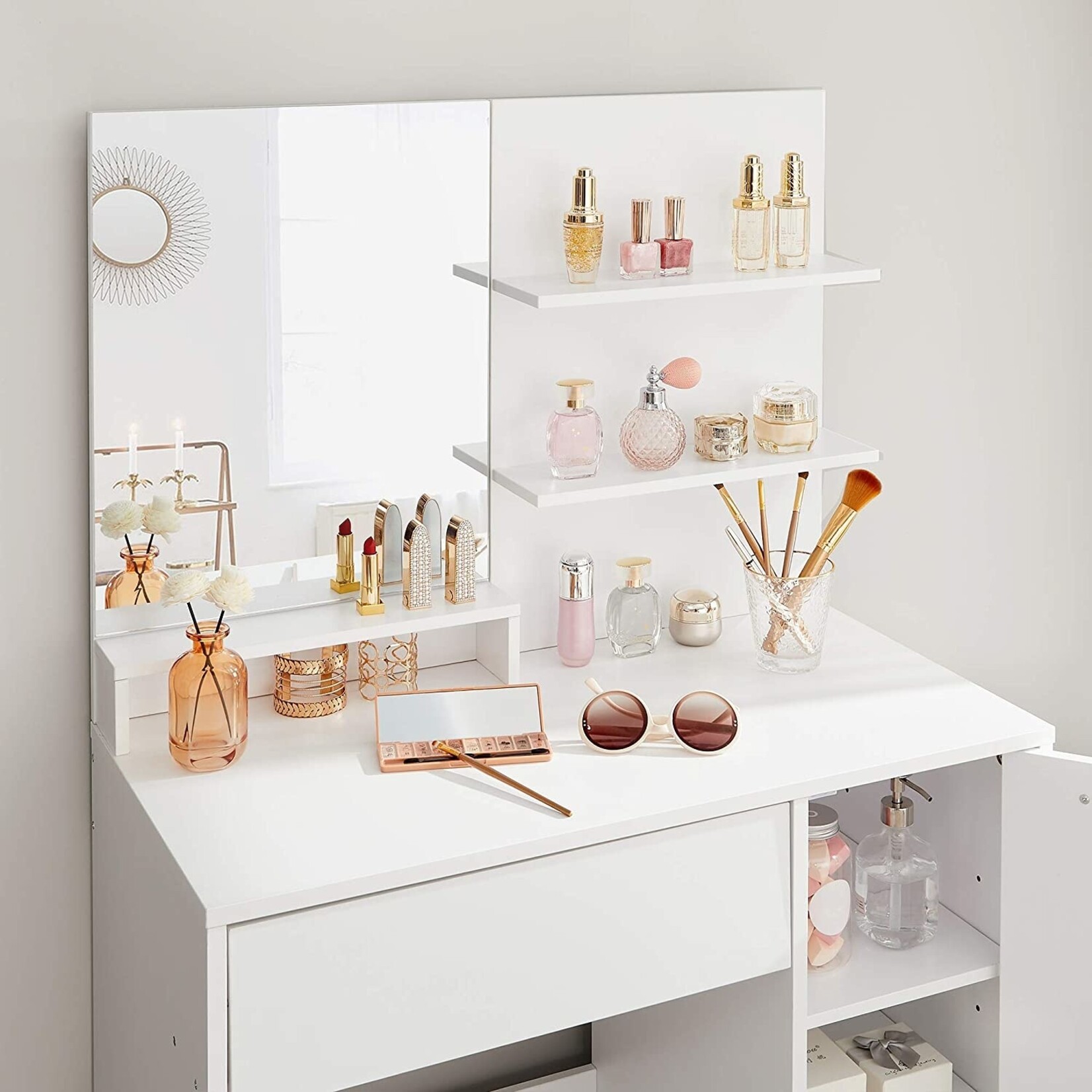 Parya Home  dressing table with mirror, make up table with storage compartment, 1 drawer, 2 shelves, white RDT119W01