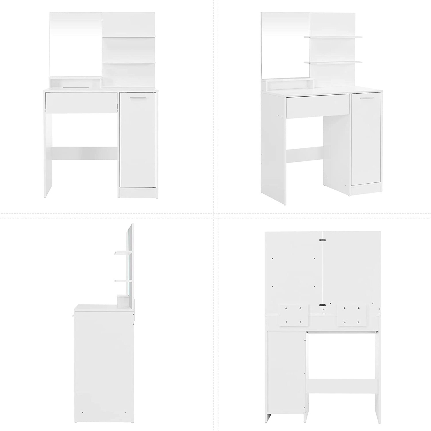 Parya Home  dressing table with mirror, make up table with storage compartment, 1 drawer, 2 shelves, white RDT119W01