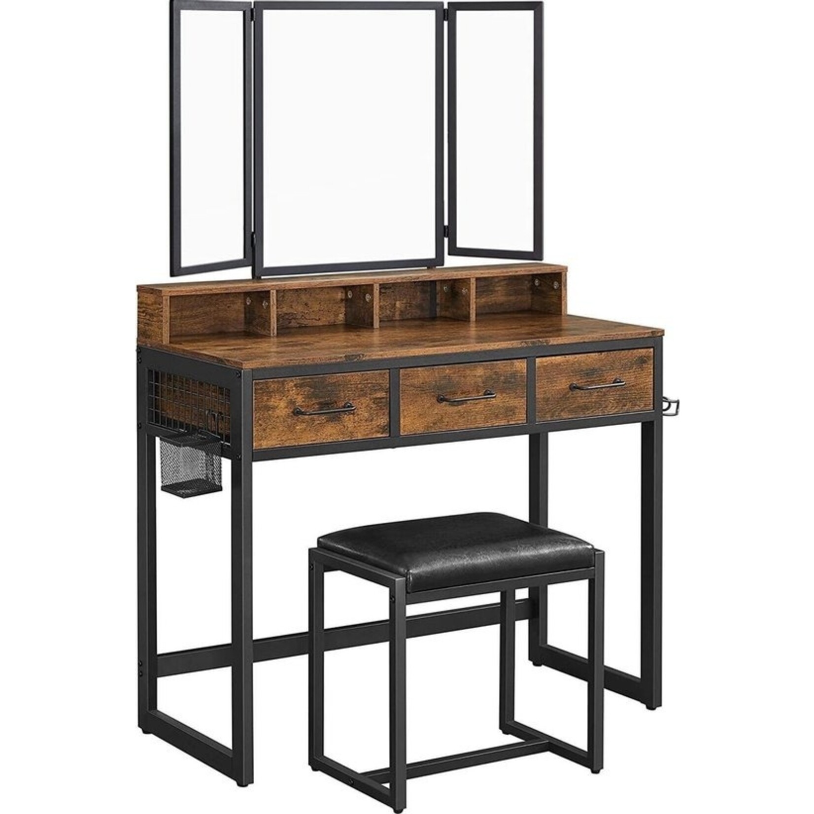 Dressing table with 3-piece folding mirror - Cosmetic Table with upholstered stool - Vintage Brown-Black