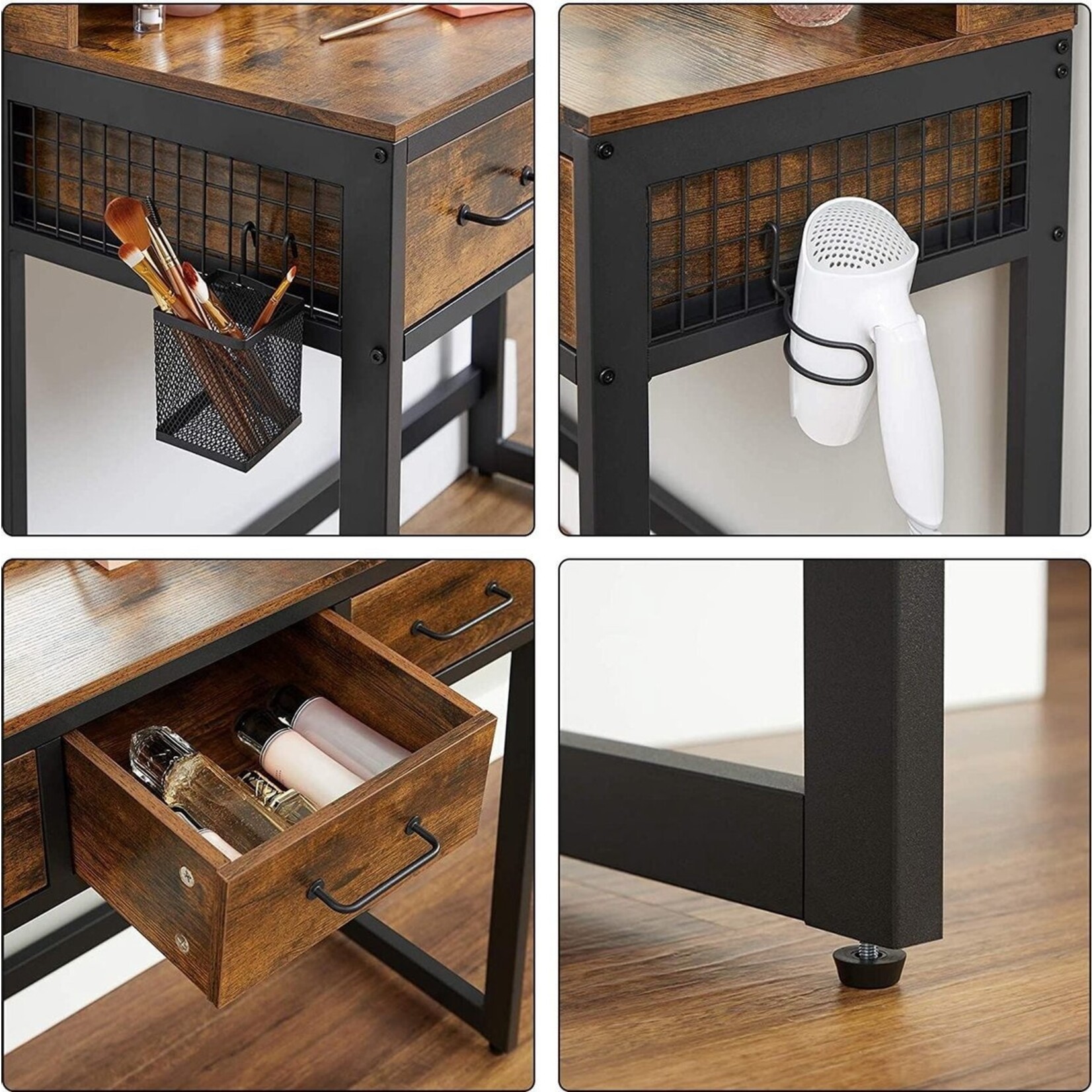 Dressing table with 3-piece folding mirror - Cosmetic Table with upholstered stool - Vintage Brown-Black