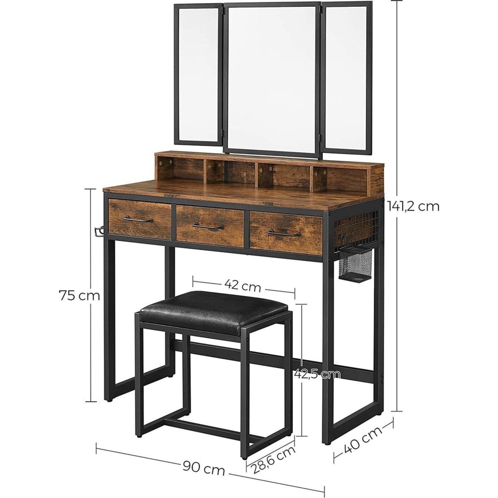Dressing table with 3-piece folding mirror - Cosmetic Table with upholstered stool - Vintage Brown-Black