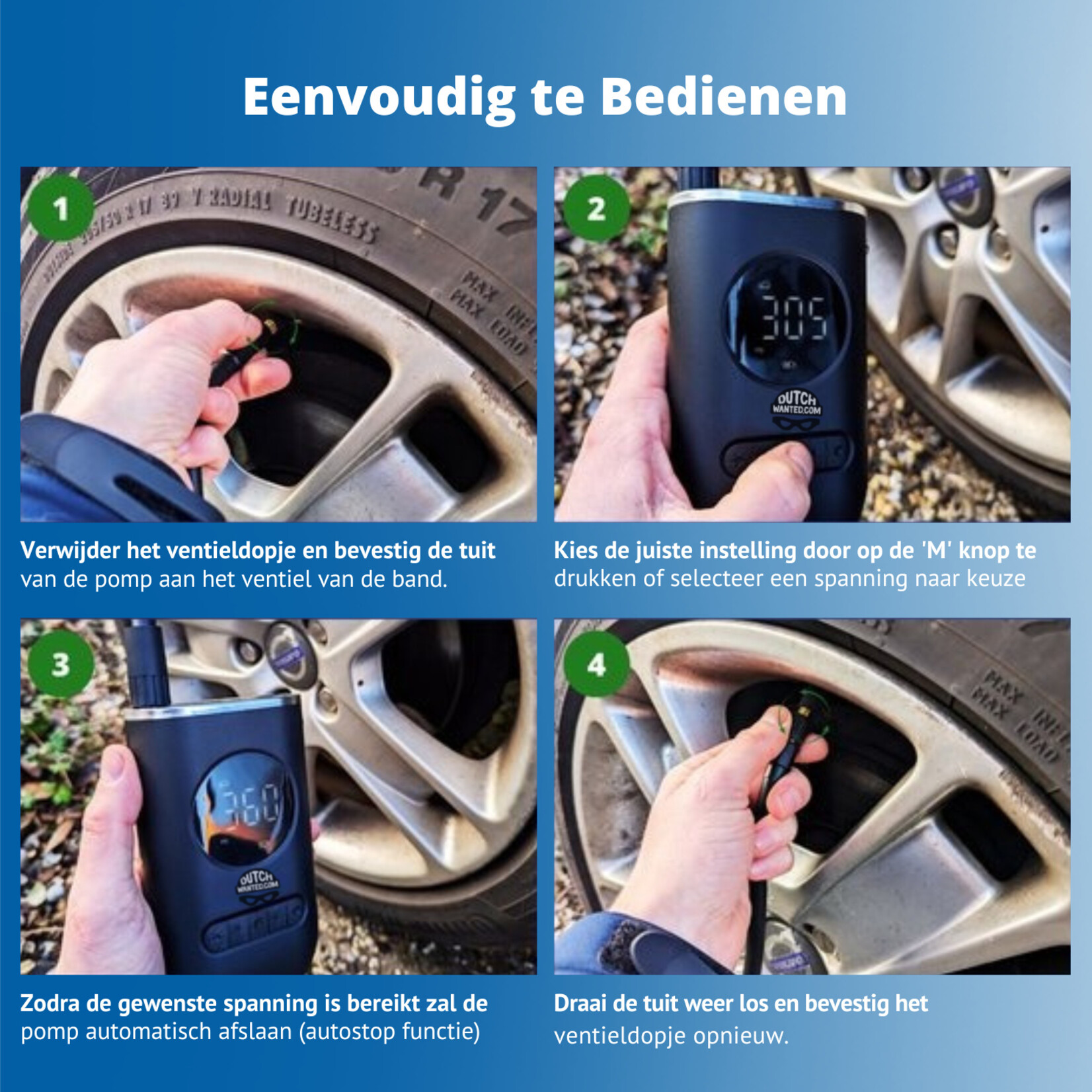 Dutch Wanted Dutch Wanted Electric Bicycle Pump - Wireless Compressor Tire Pump - Portable Air Compressor - Car - Scooter - Motorcycle - Racing Bike - LED Flashlight - Battery Bicycle Pump Electric - Bicycle Pump - Wireless Bicycle Pumps - USB Rechargeable - Festival