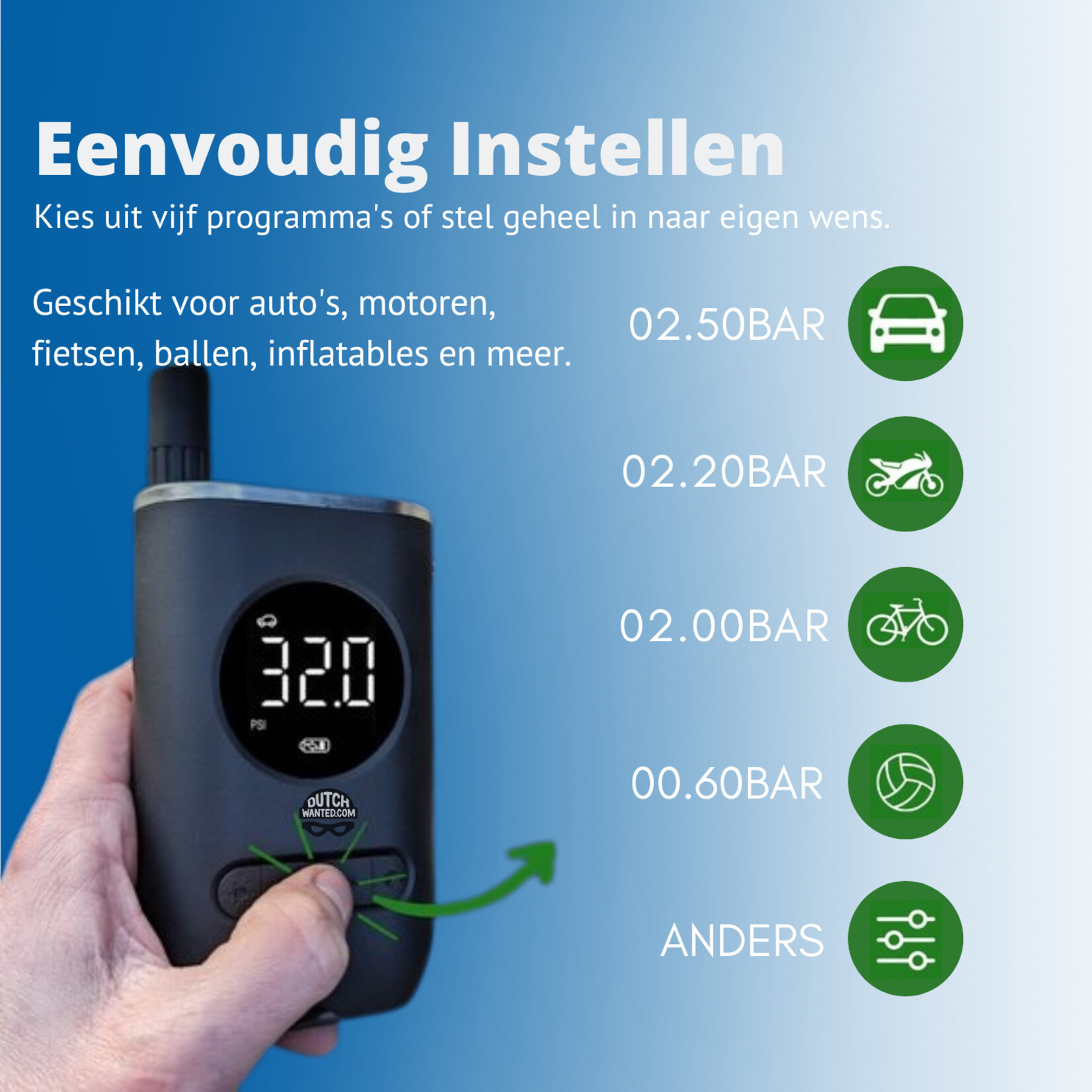 Dutch Wanted Dutch Wanted Electric Bicycle Pump - Wireless Compressor Tire Pump - Portable Air Compressor - Car - Scooter - Motorcycle - Racing Bike - LED Flashlight - Battery Bicycle Pump Electric - Bicycle Pump - Wireless Bicycle Pumps - USB Rechargeable - Festival