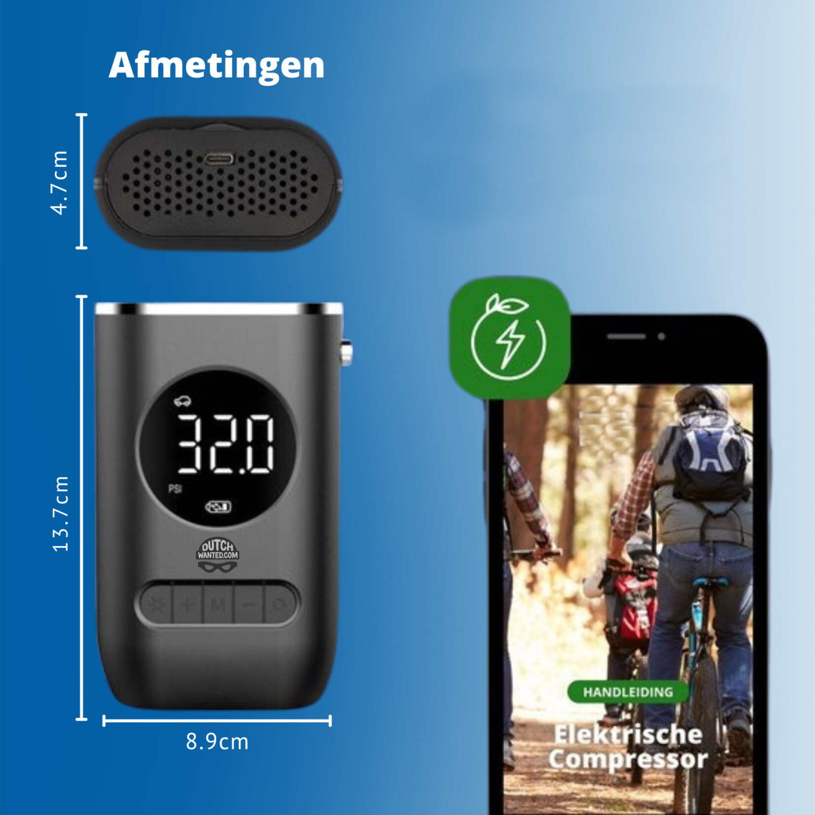 Dutch Wanted Dutch Wanted Electric Bicycle Pump - Wireless Compressor Tire Pump - Portable Air Compressor - Car - Scooter - Motorcycle - Racing Bike - LED Flashlight - Battery Bicycle Pump Electric - Bicycle Pump - Wireless Bicycle Pumps - USB Rechargeable - Festival