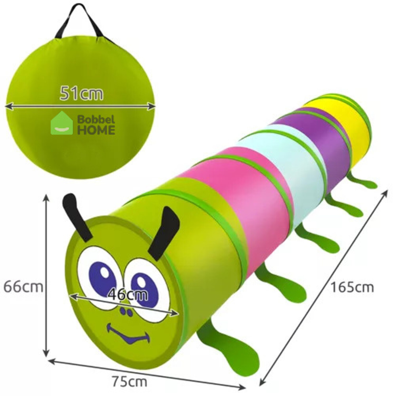 Bobbel Home Bobbel Home Speeltunnel voor kinderen - Kruiptunnel Rups - 165x46cm - Inclusief Draagtas – Speeltent met tunnel - Kruiprol - Opvouwbaar – Speeltent voor Binnen en Buiten