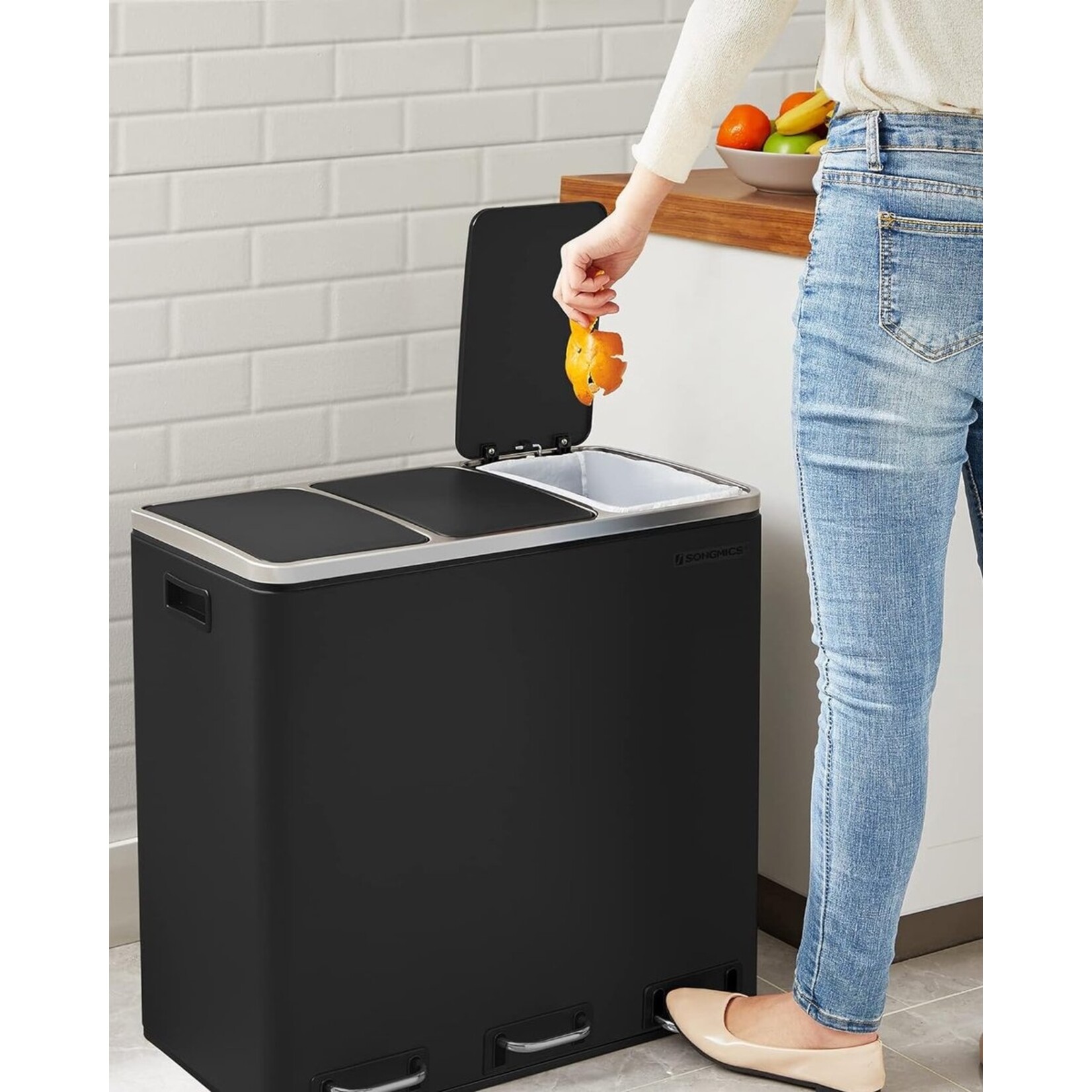 Parya Home 54L Prullenbak - Pedaalemmer - Recycling - 3 Compartimenten - Soft-Close - Binnenbakken - Draaghendels -