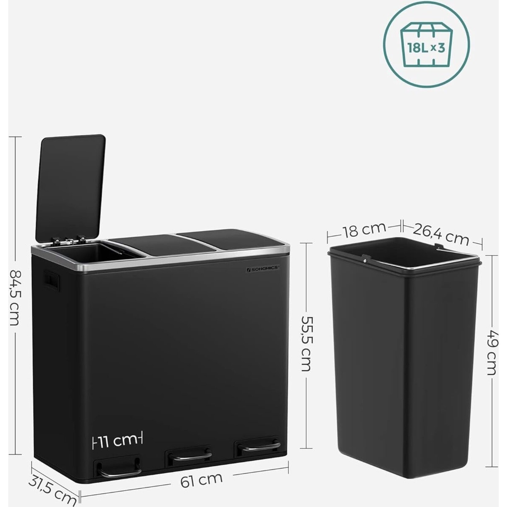 Parya Home 54L Trash Bin - Pedal Bin - Recycling - 3 Compartments - Soft-Close - Inside Bins - Carrying Handles -