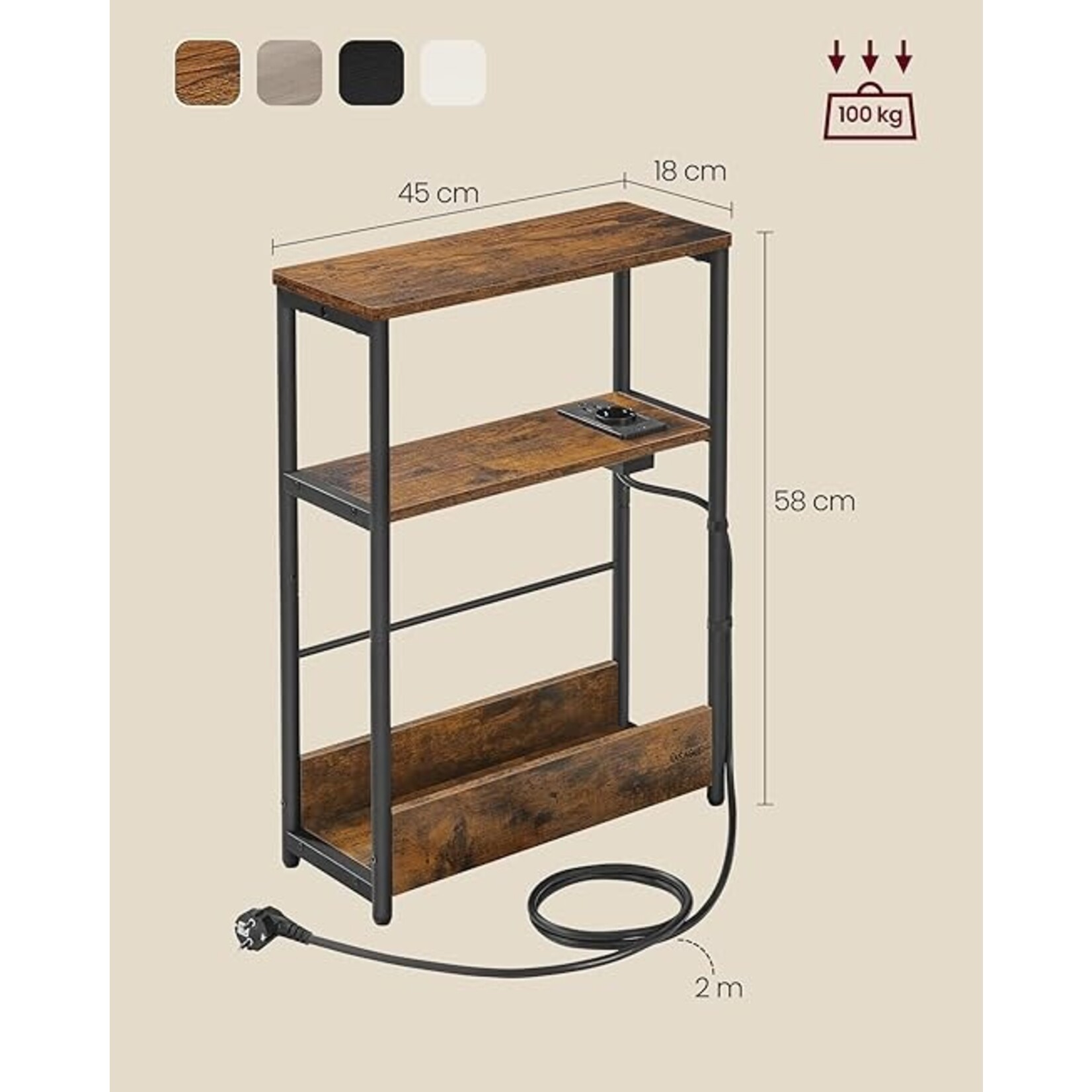 Parya Home Bobbel home Small Side Table with Charging Function, Small Coffee Table, 3 Shelves, Magazine Holder, for Living Room, Bedroom, Study, Vintage Brown Ink Black