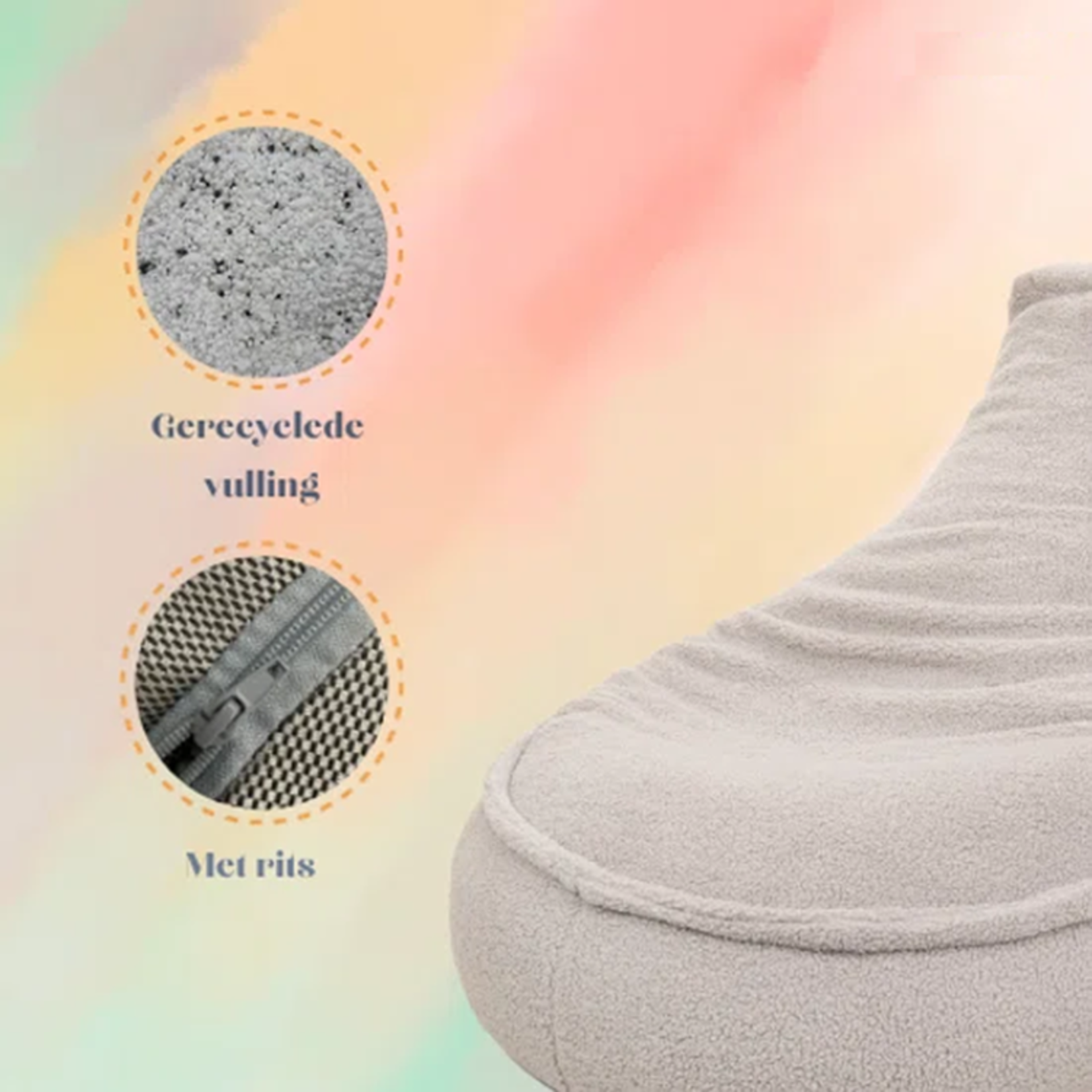 Bobbel Home Bobbel Home Zitzak Kind Teddy - Zitzak Stoel Junior 75 x 55 cm - Beanbag Beige - Zitzak met Vulling voor Binnen