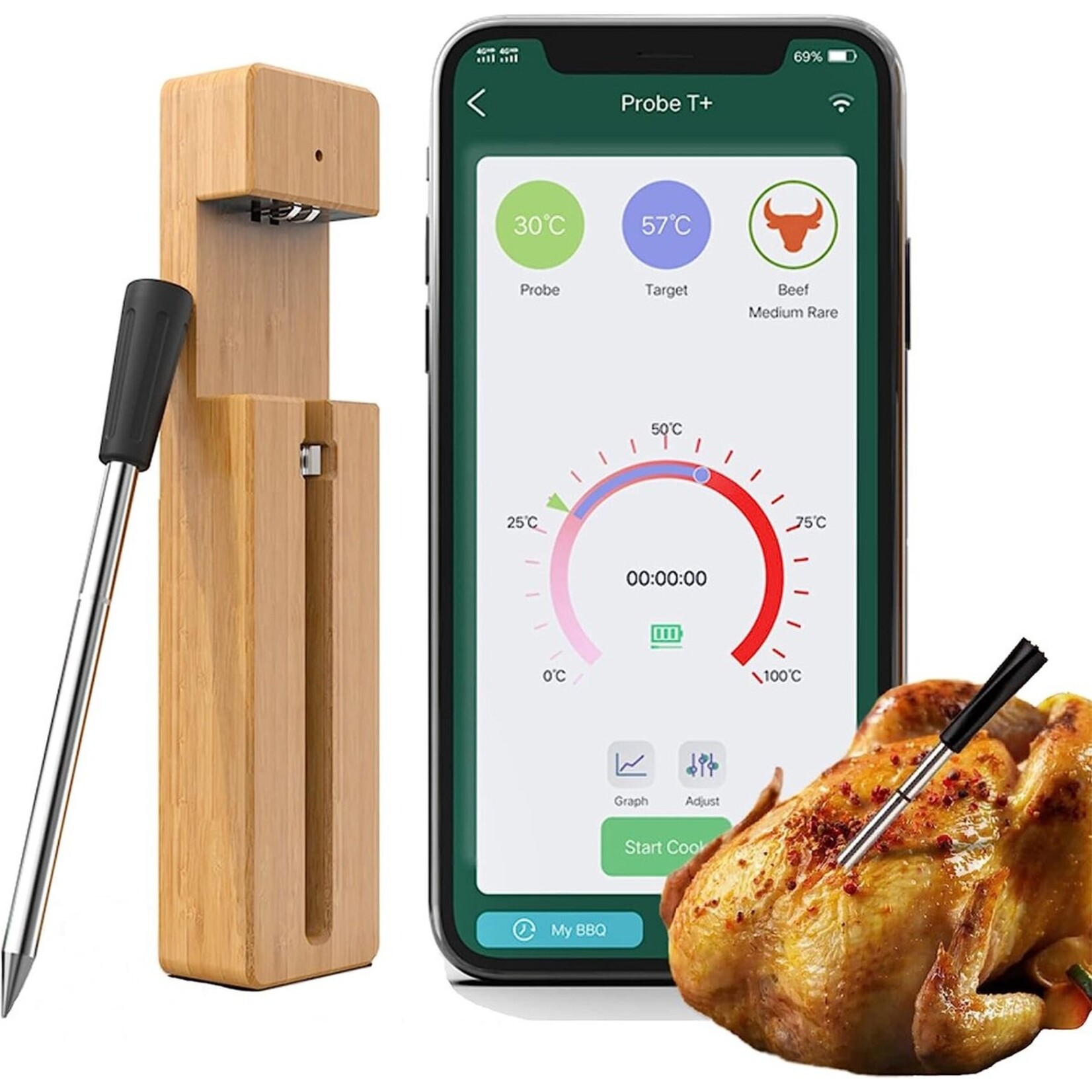 Bobbel Home Vleesthermometer Draadloos met App - BBQ Thermometer met Bluetooth - Oventhermometer - BBQ accesoires - RVS - ZWART