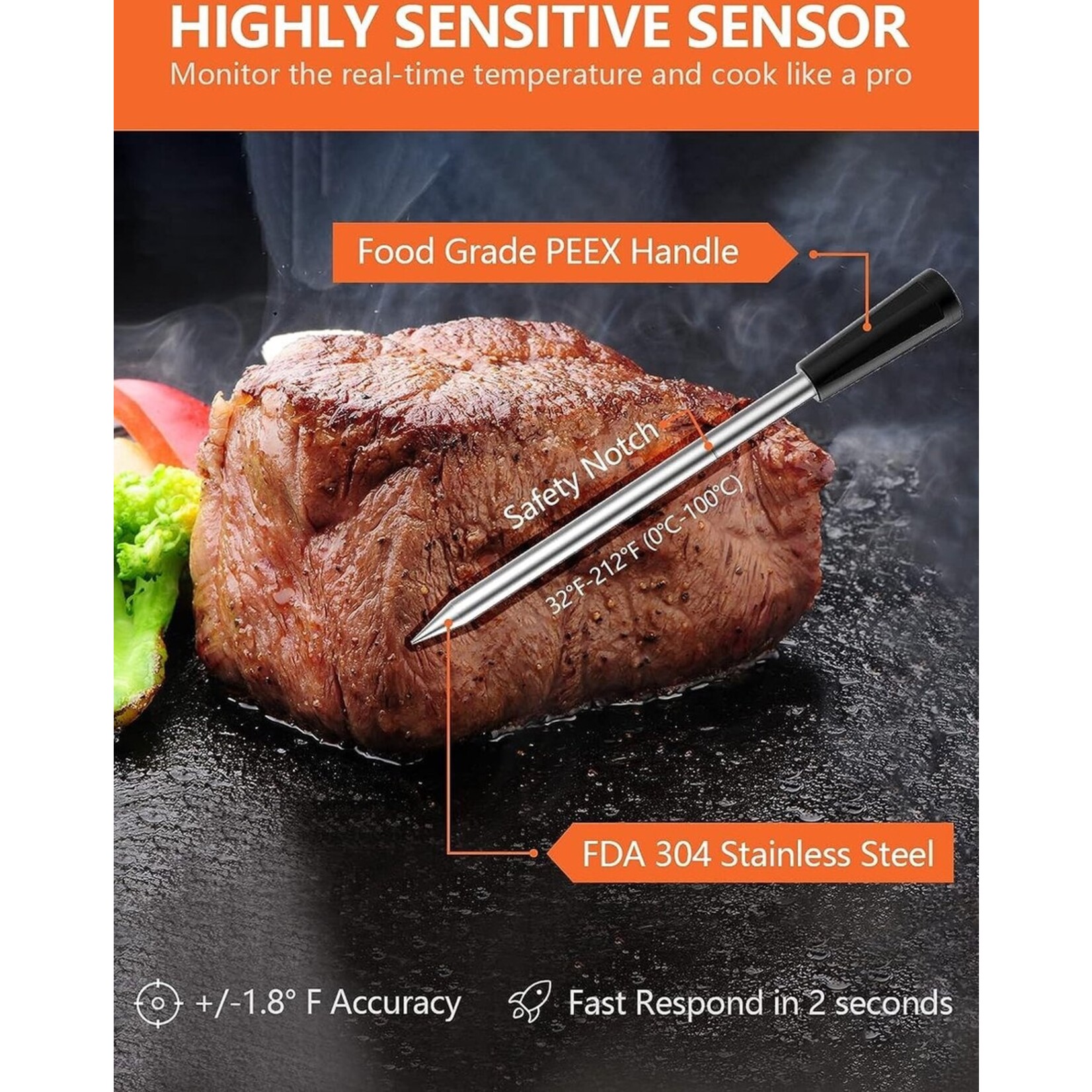 Bobbel Home Meat thermometer Wireless with App - BBQ Thermometer with Bluetooth - Oven thermometer - BBQ accessories - stainless steel - BLACK