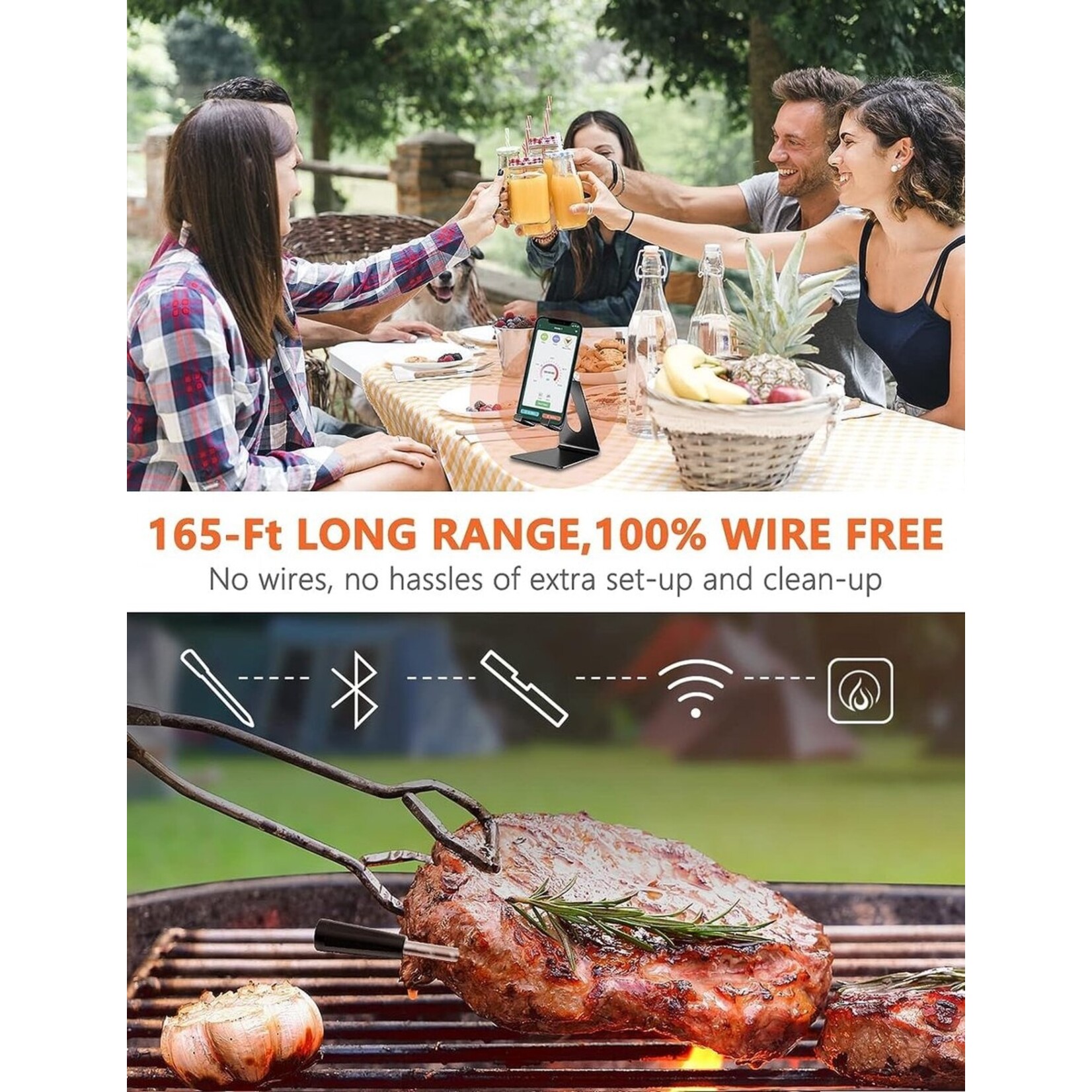 Bobbel Home Meat thermometer Wireless with App - BBQ Thermometer with Bluetooth - Oven thermometer - BBQ accessories - stainless steel - BLACK