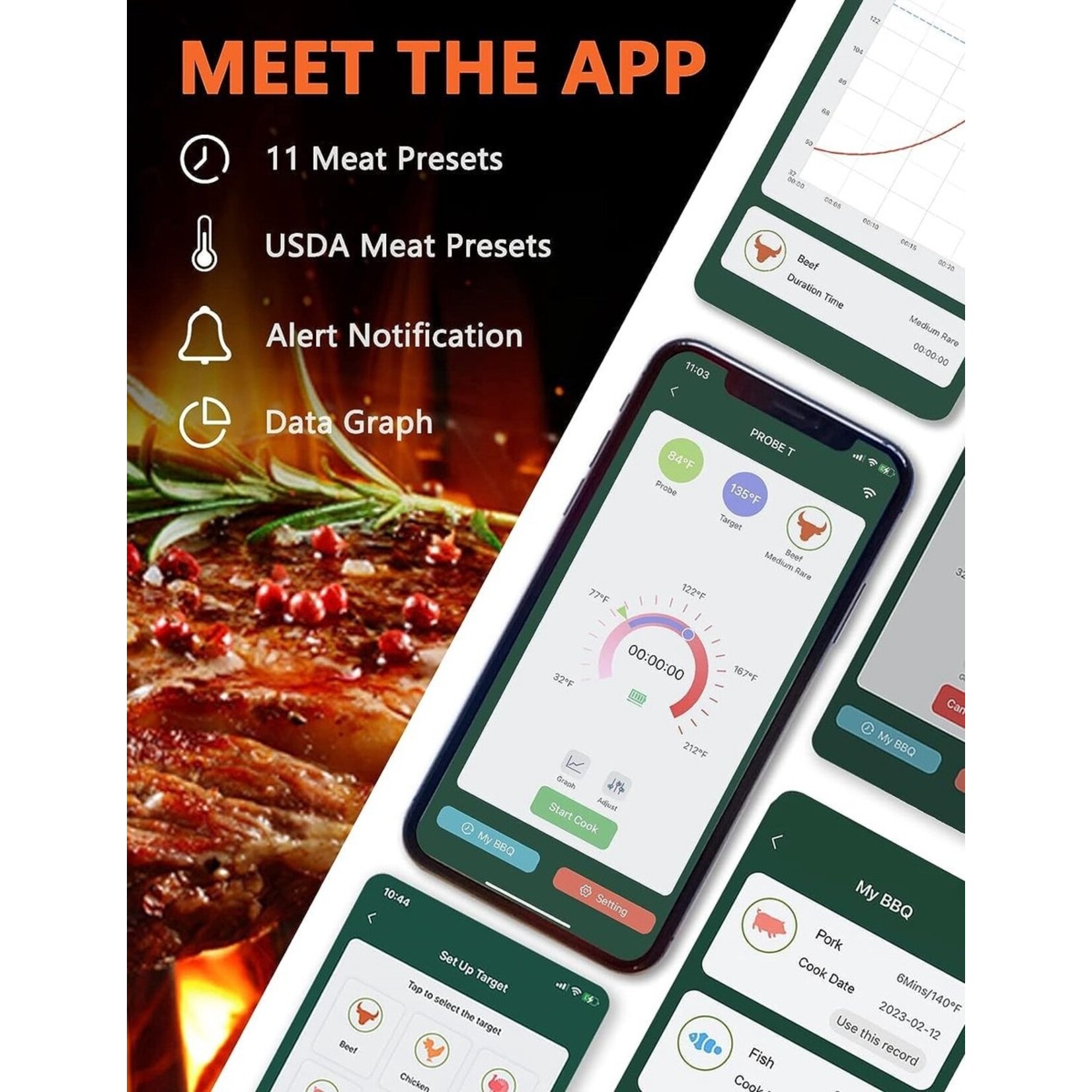 Bobbel Home Vleesthermometer Draadloos met App - BBQ Thermometer met Bluetooth - Oventhermometer - BBQ accesoires - RVS - ZWART